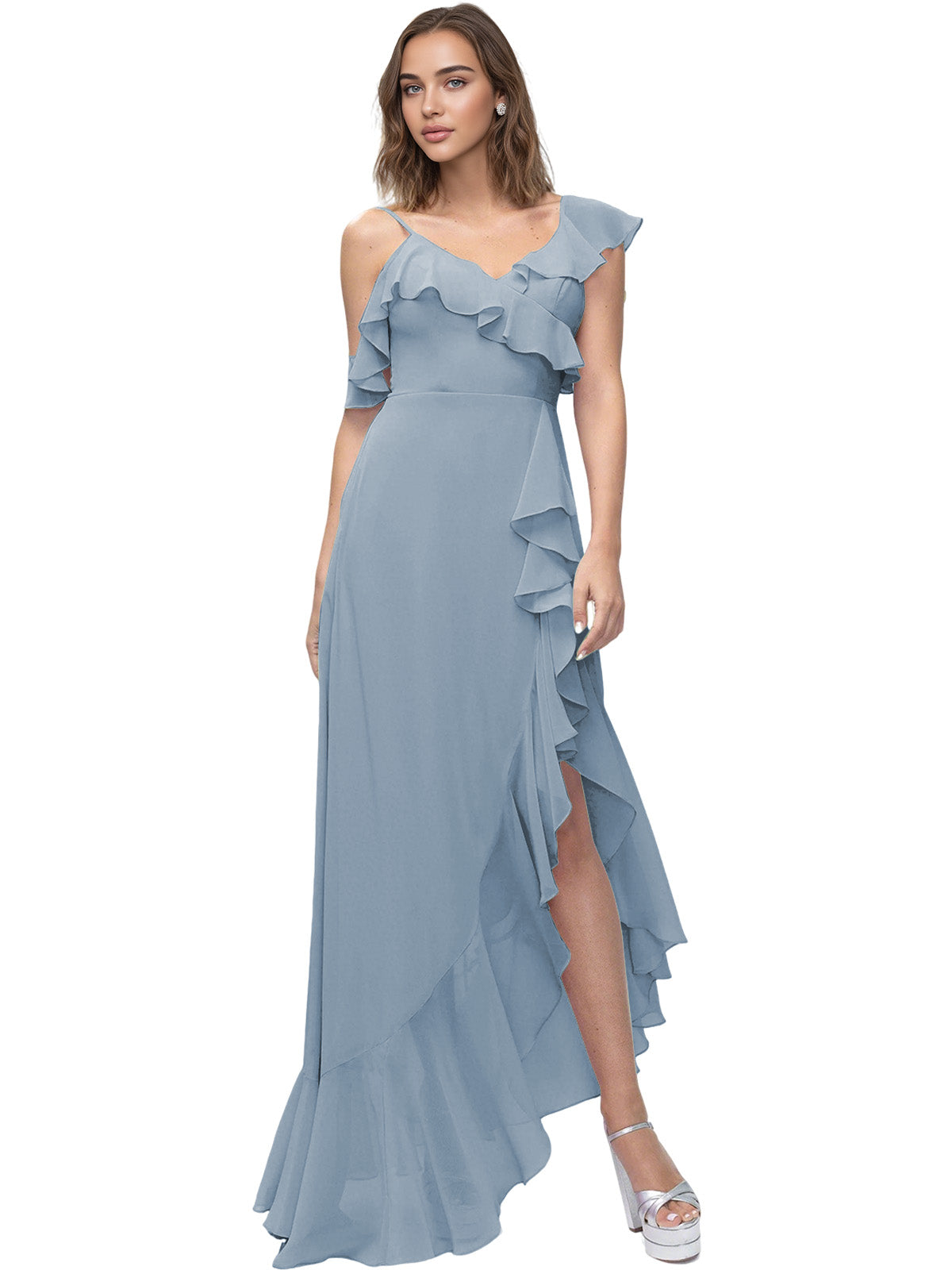 Asymmetrical Ruffle Chiffon Bridesmaid Dress with High Low Slit