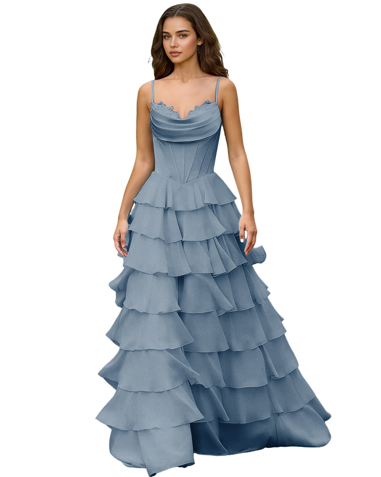Spaghetti Strap Tiered Chiffon A-Line Prom Dress with Ruffle dress