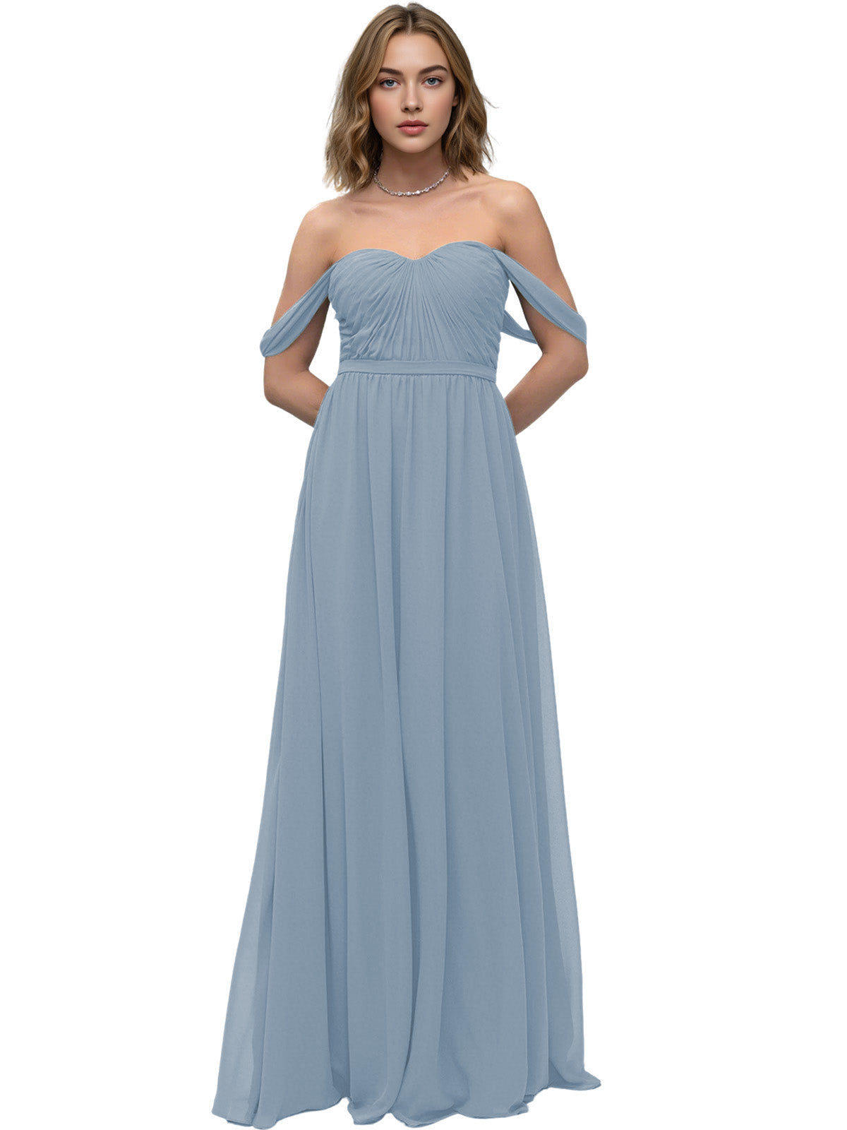 Off Shoulder Sweetheart Chiffon Bridesmaid Dress with Ruched Bodice