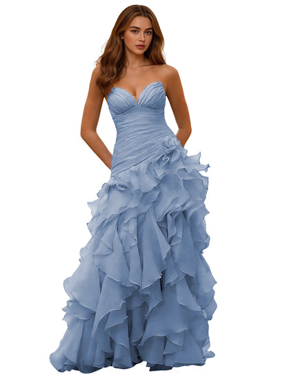 Strapless Organza Ruffle Ball Gown Prom Dress with Draped Corset Bodice