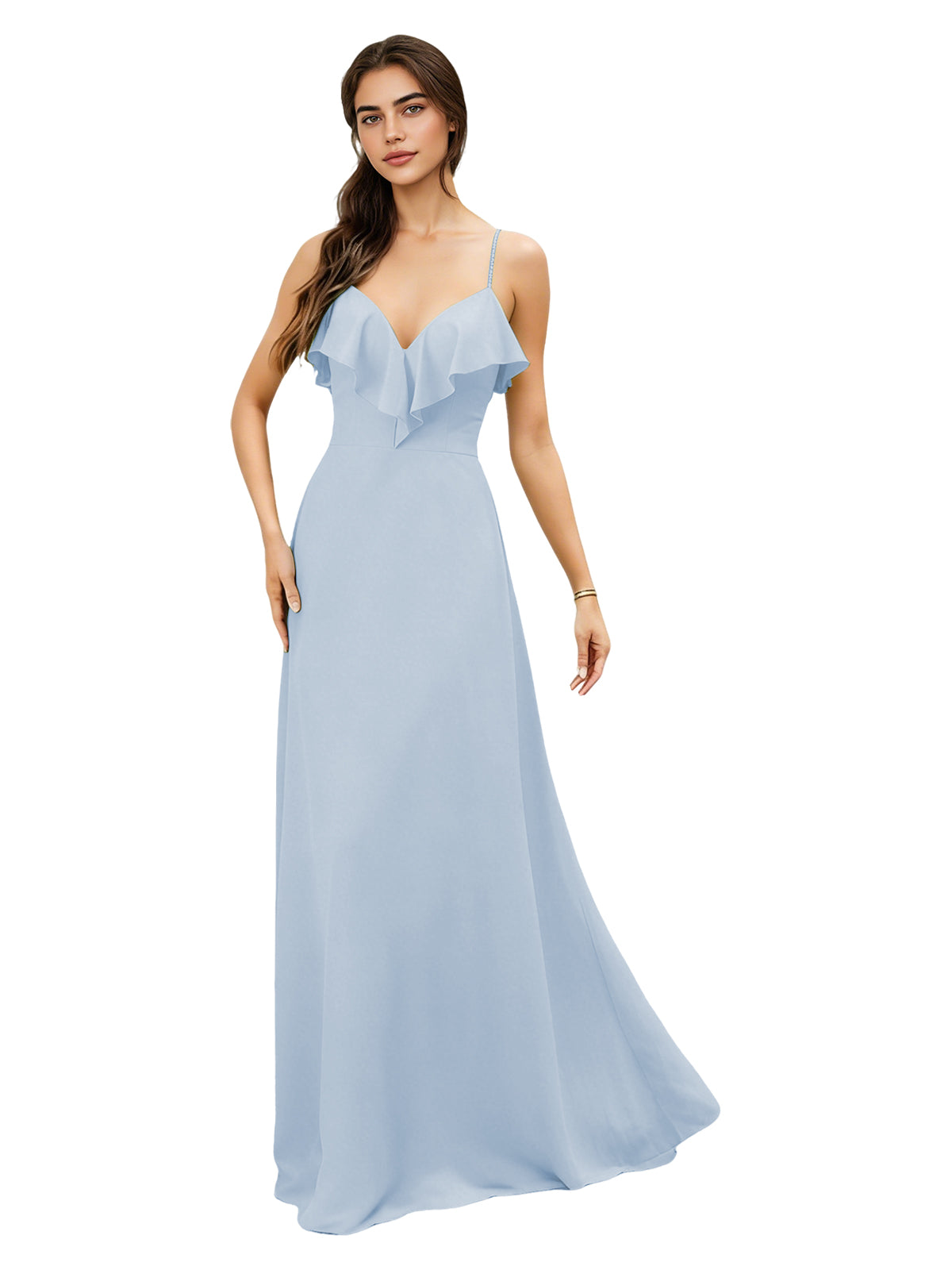 Ruffle V-Neck Chiffon Bridesmaid Dress with Spaghetti Straps