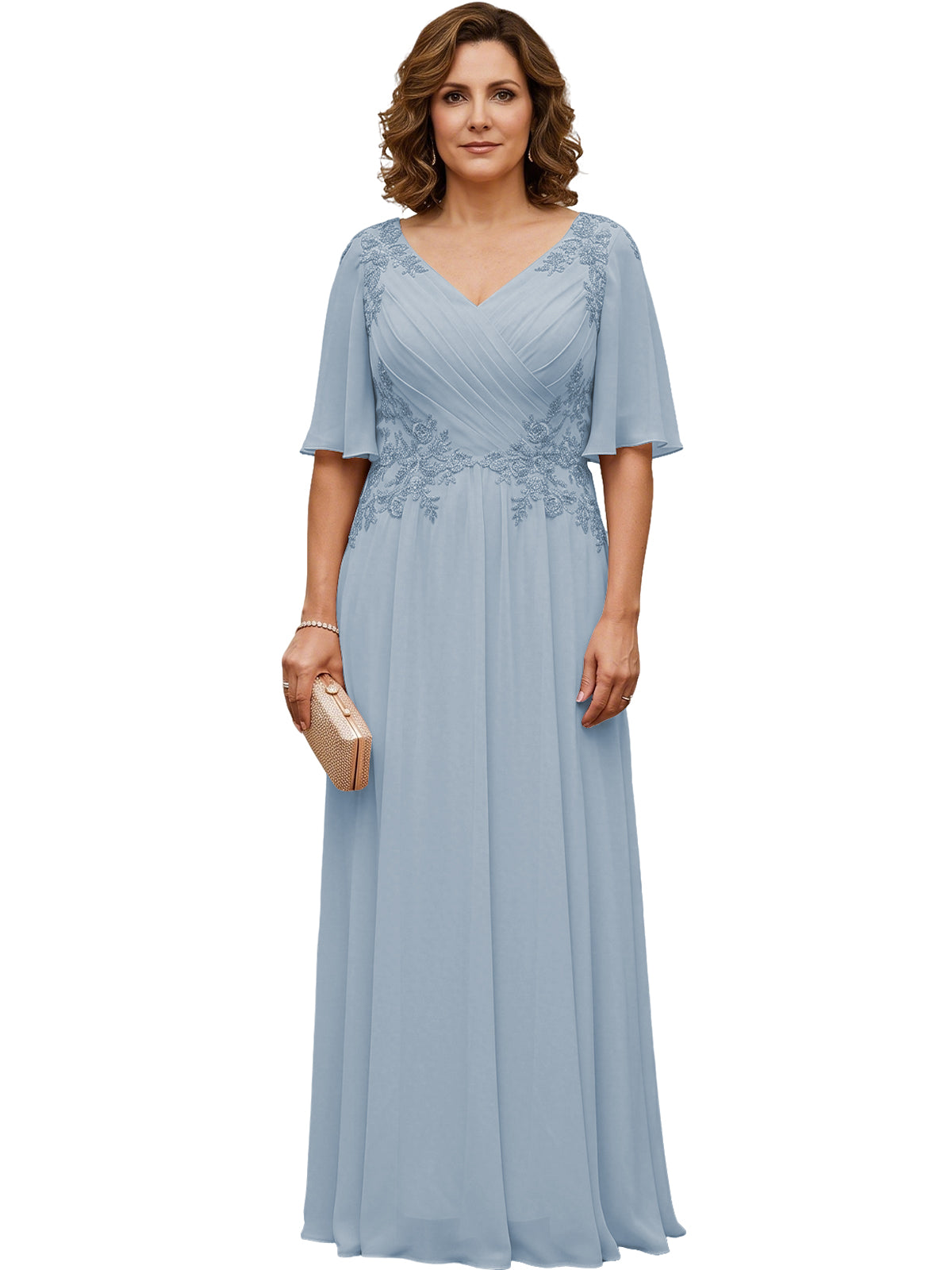 Mother of the Bride Dress Long Chiffon A-Line Gown with Flutter Sleeves and Beaded Lace