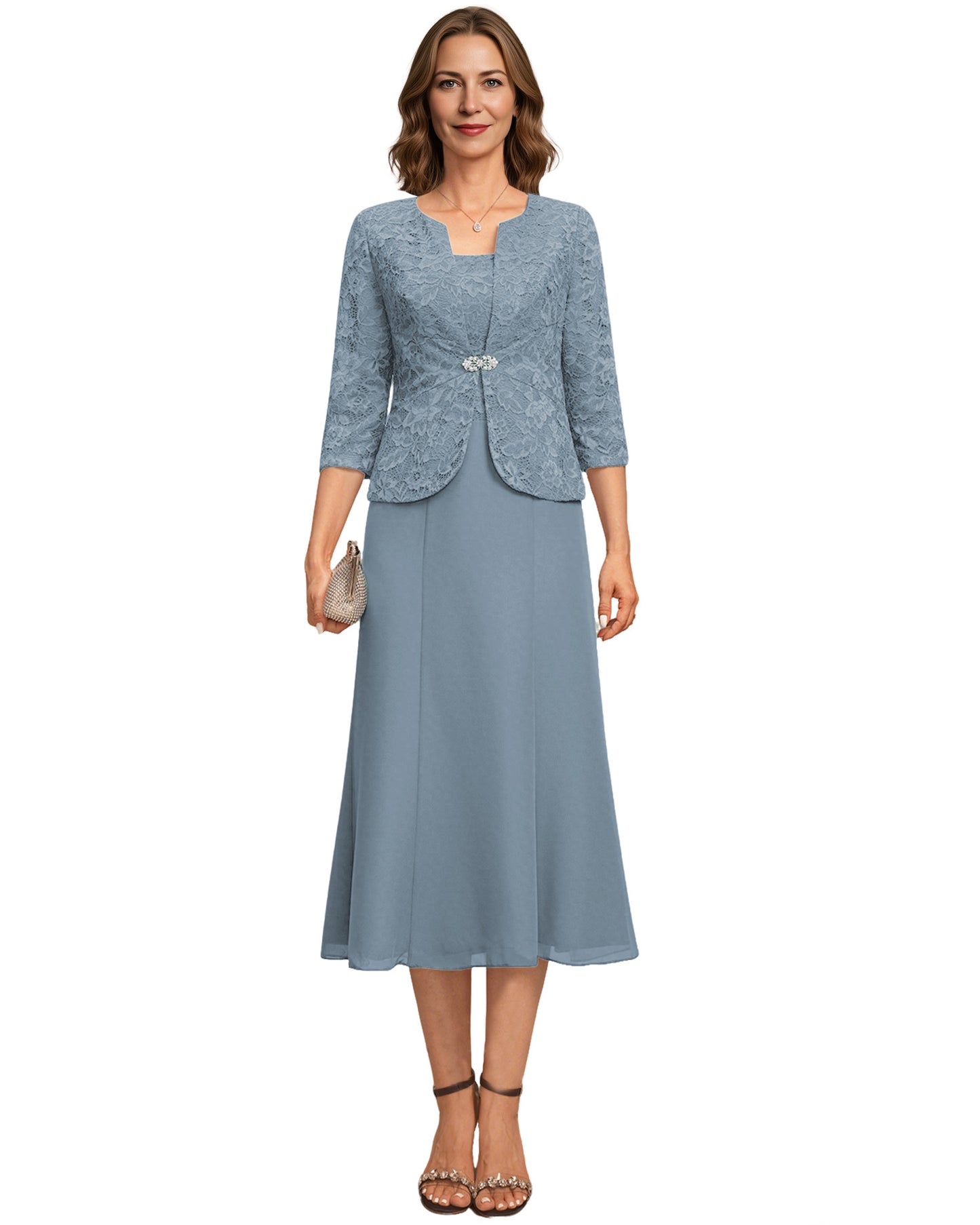 Tea Length Mother of the Bride Dress Lace Jacket Chiffon A-Line Wedding Guest Outfit