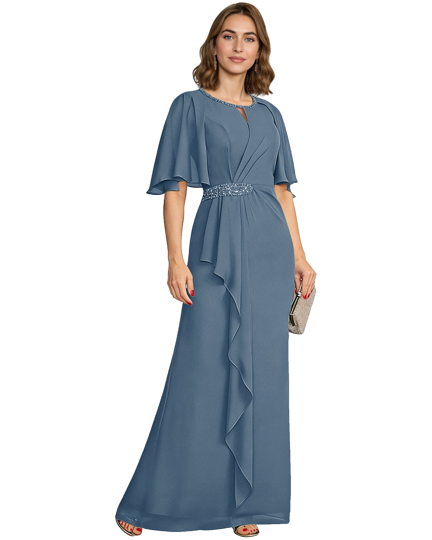 Long Mother of the Bride Dress Chiffon Flutter Sleeve Beaded Waist Formal A-Line Gown