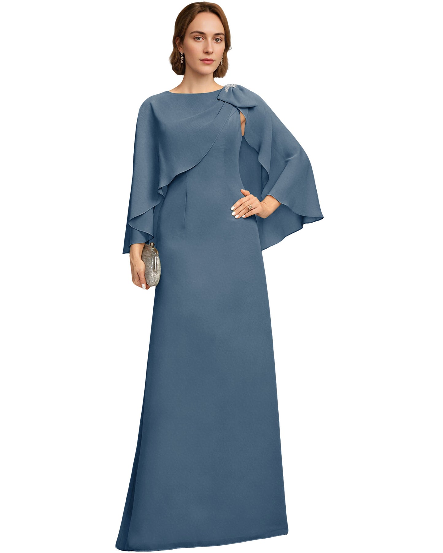 Long Cape Sleeve Mother of the Bride Dress Jewel Neck Chiffon Column Gown with Bow Detail
