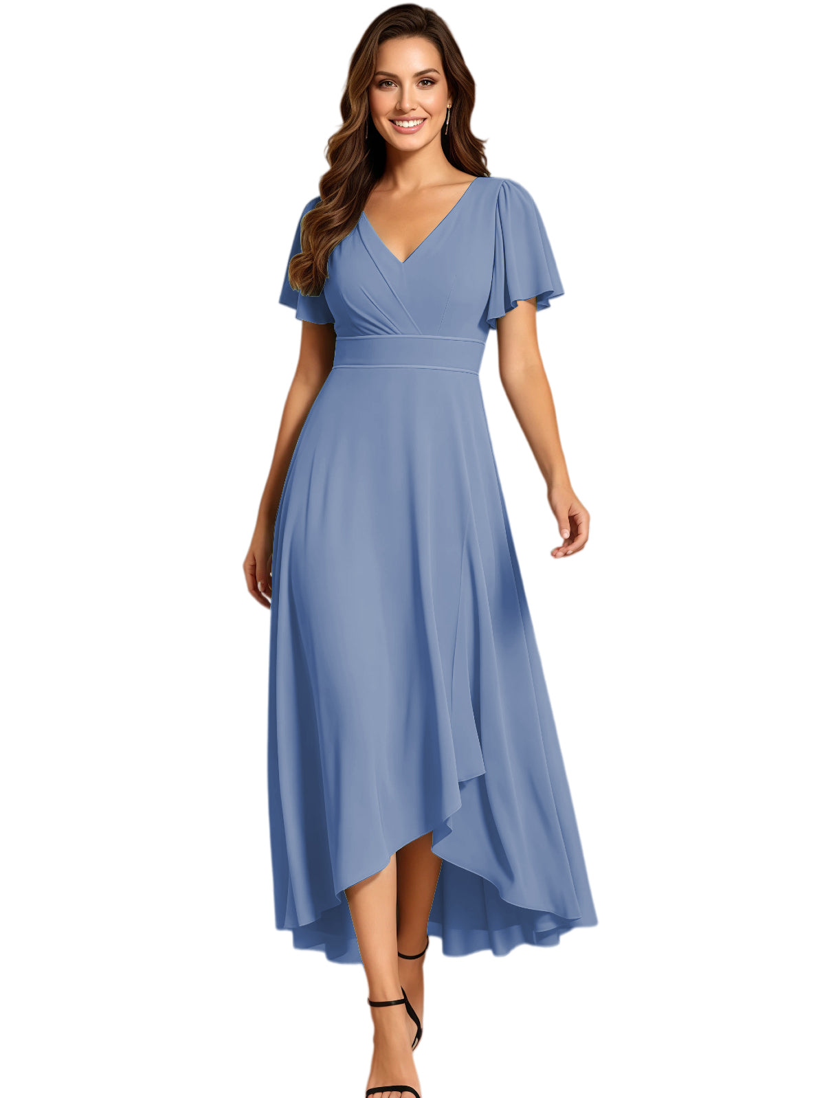 High Low Mother of the Bride Dress V-Neck Flutter Sleeve Chiffon Formal Gown