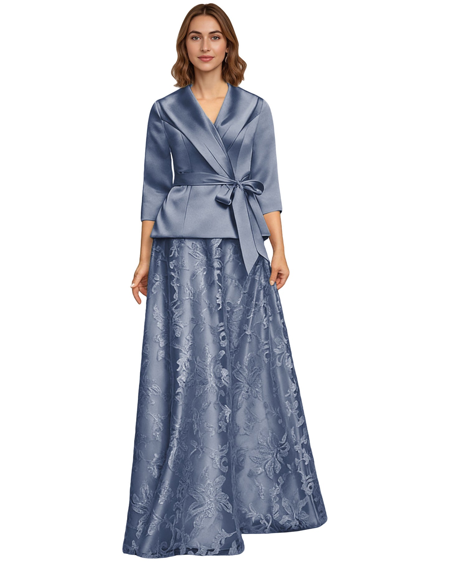 Two Piece Mother of the Bride Dress Satin Wrap Top Embroidered Long Skirt Formal Set