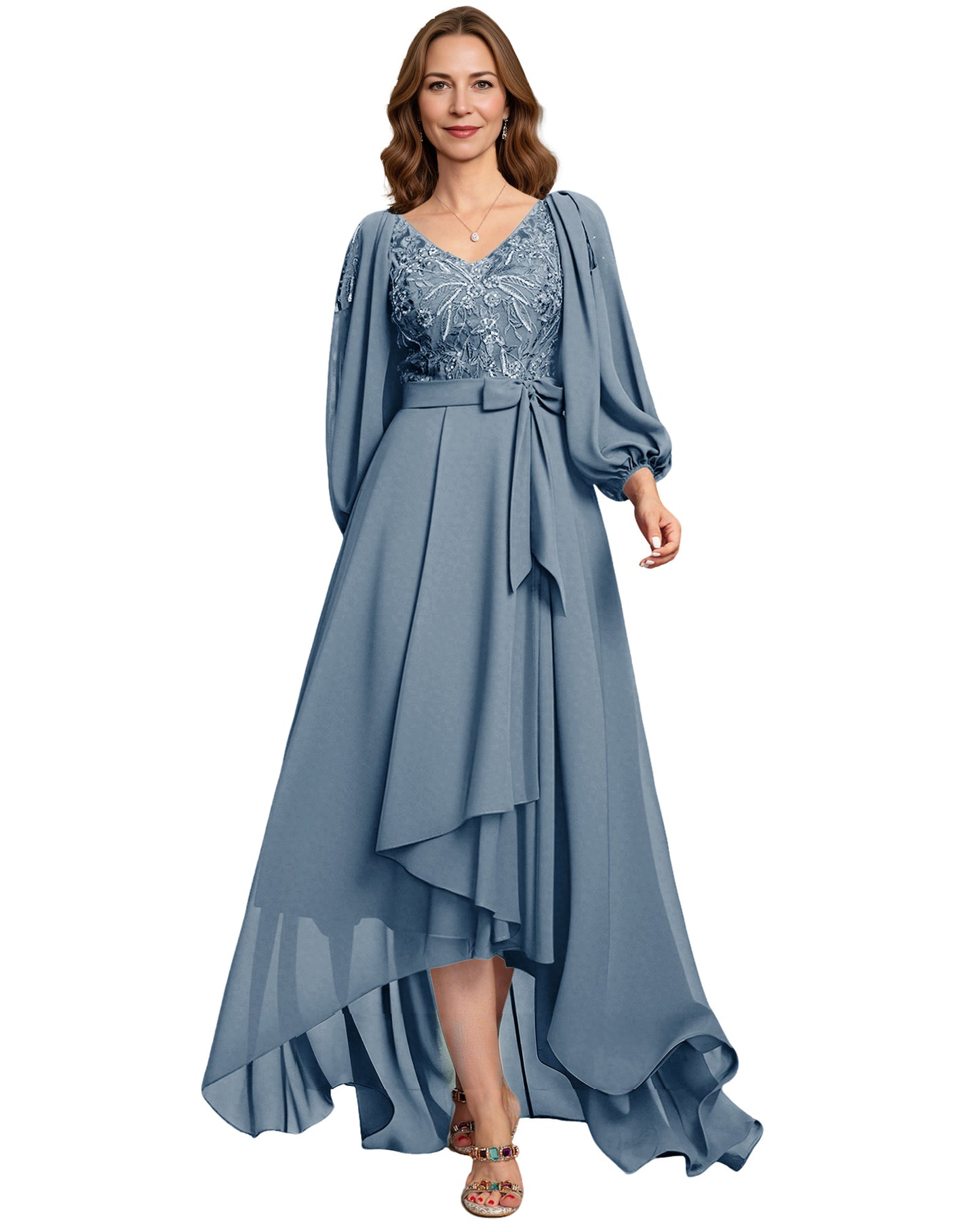 High Low Mother of the Bride Dress Lace Bodice Chiffon Jacket Formal Wedding Gown