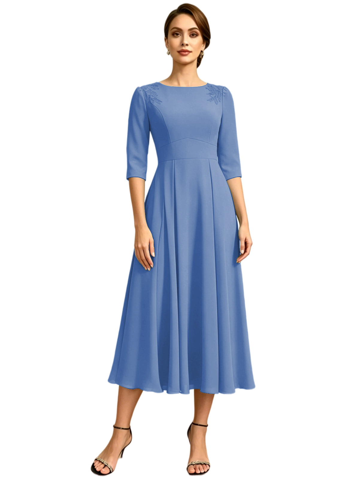 Tea Length Mother of the Bride Dress Jewel Neck Chiffon A-Line Formal Gown with Embroidery