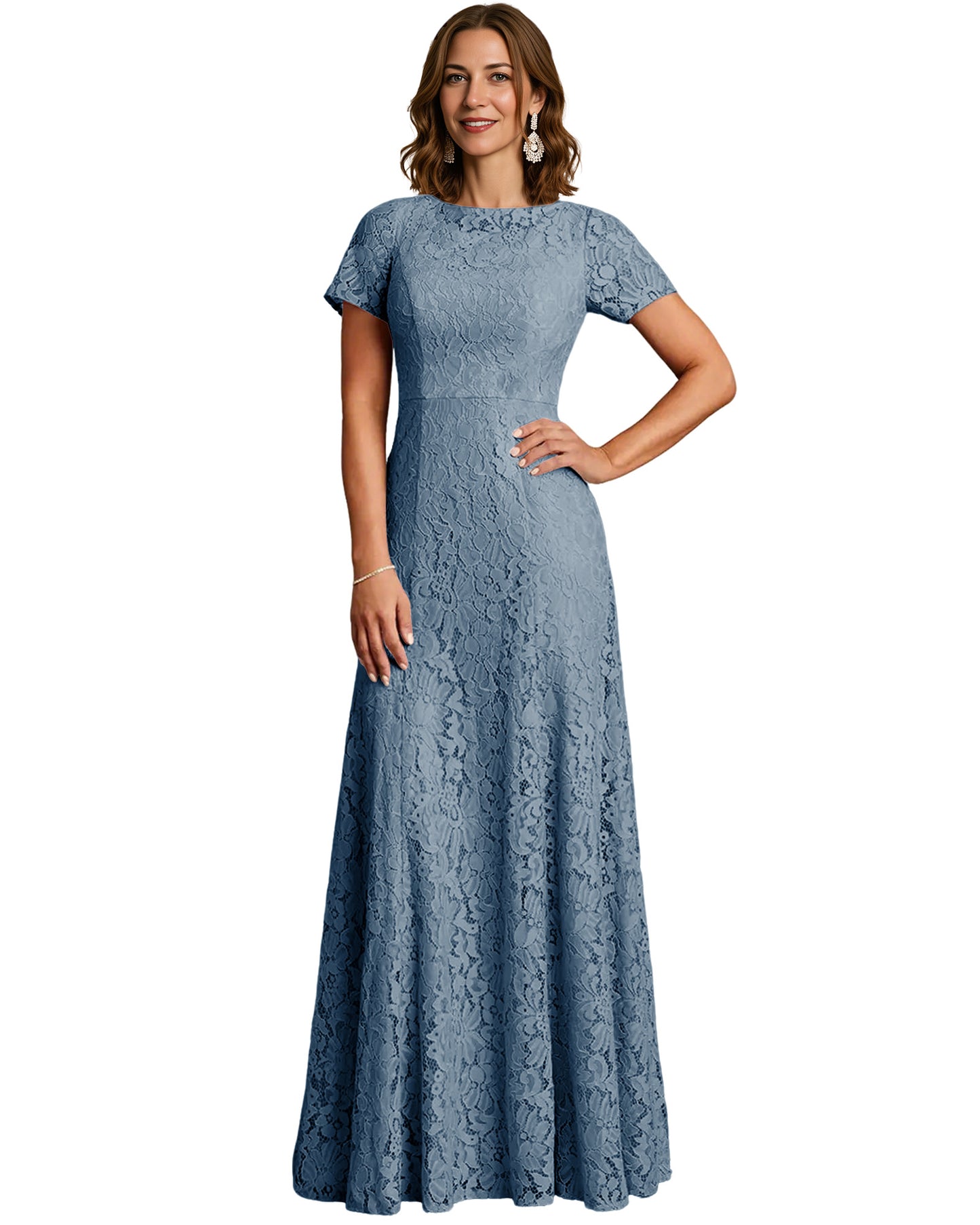 Long Lace Mother of the Bride Dress Short Sleeve Mermaid Gown with Crew Neckline