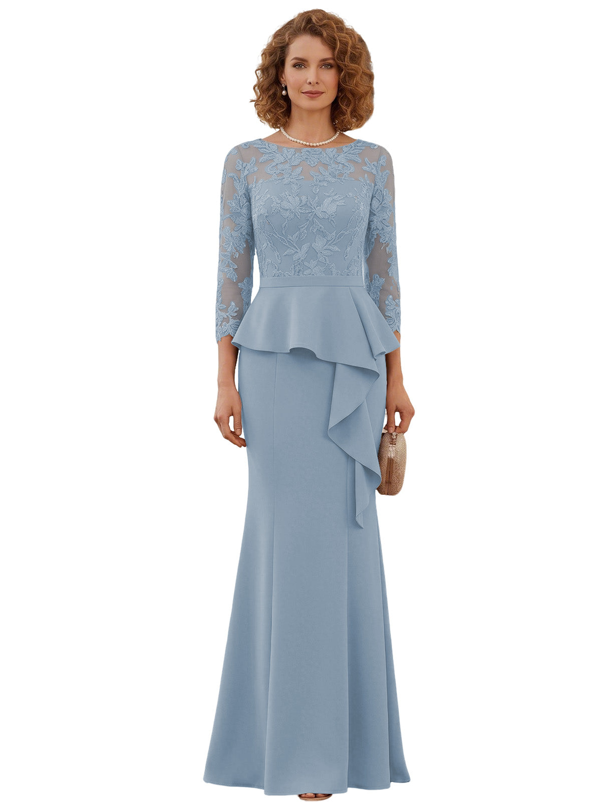 Long Mother of the Bride Dress Lace Illusion Bodice Peplum Mermaid Formal Evening Gown