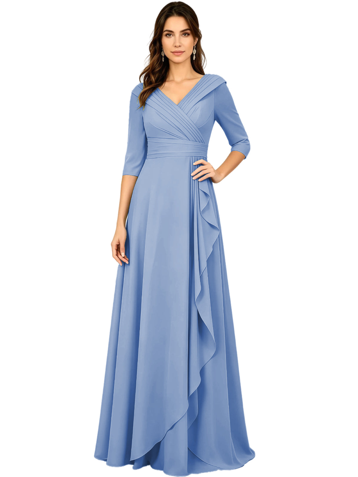 Long V-Neck Mother of the Bride Dress Chiffon Half Sleeve A-Line Gown with Side Ruffle