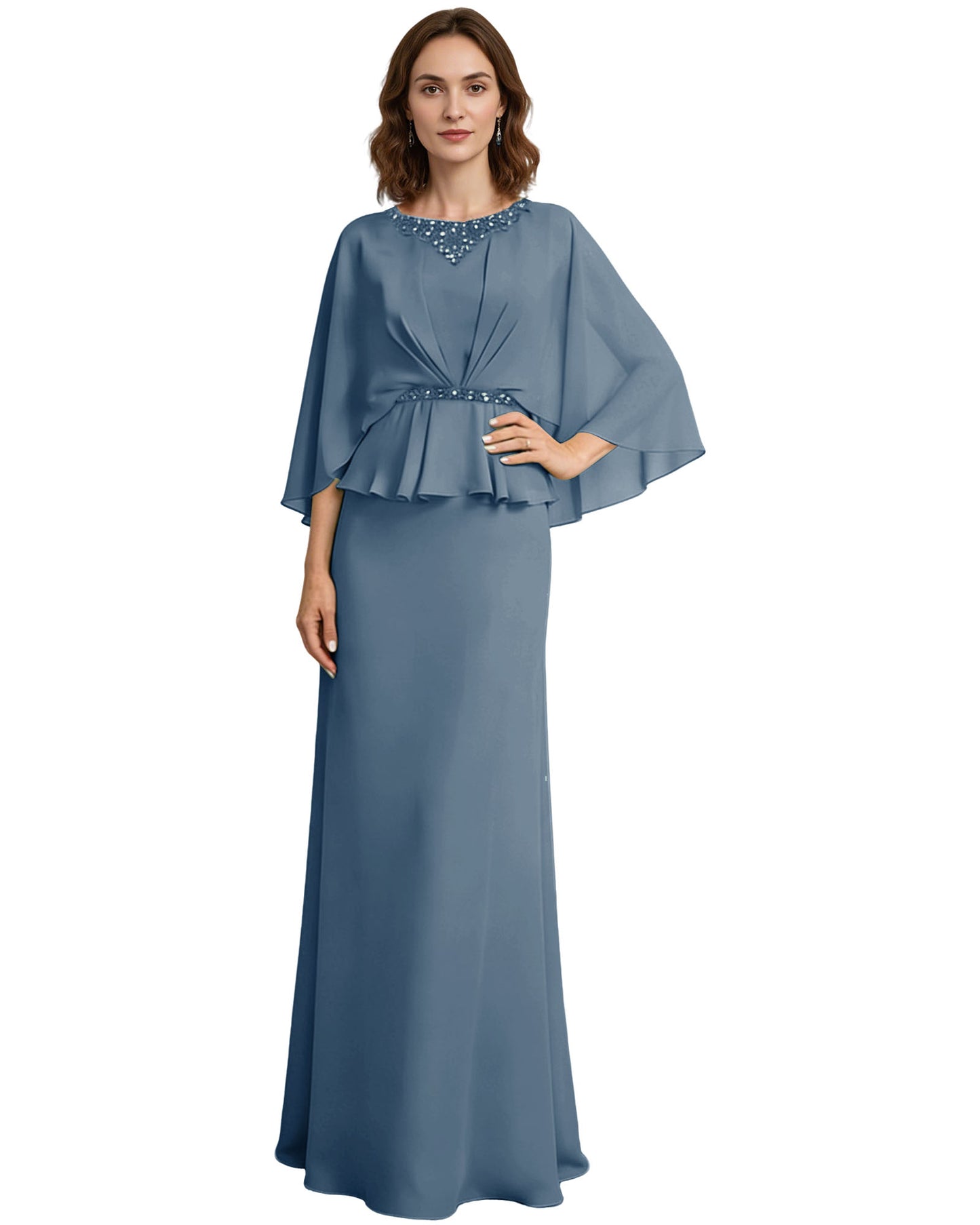 Capelet Mother of the Bride Dress Long Beaded Neck Peplum Chiffon Formal Gown