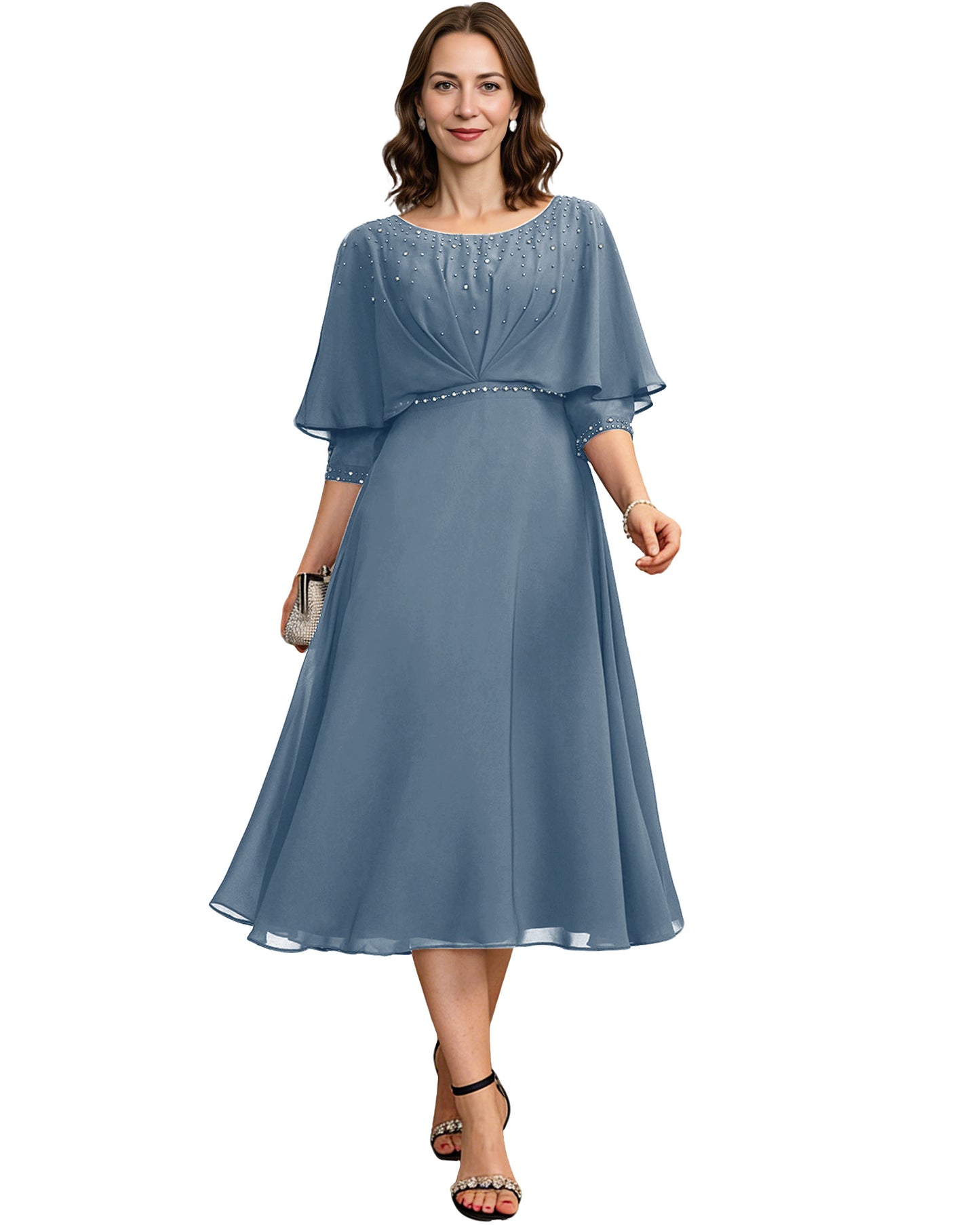 Beaded Cape Mother of the Bride Dress Tea Length Chiffon A-Line Formal Guest Gown
