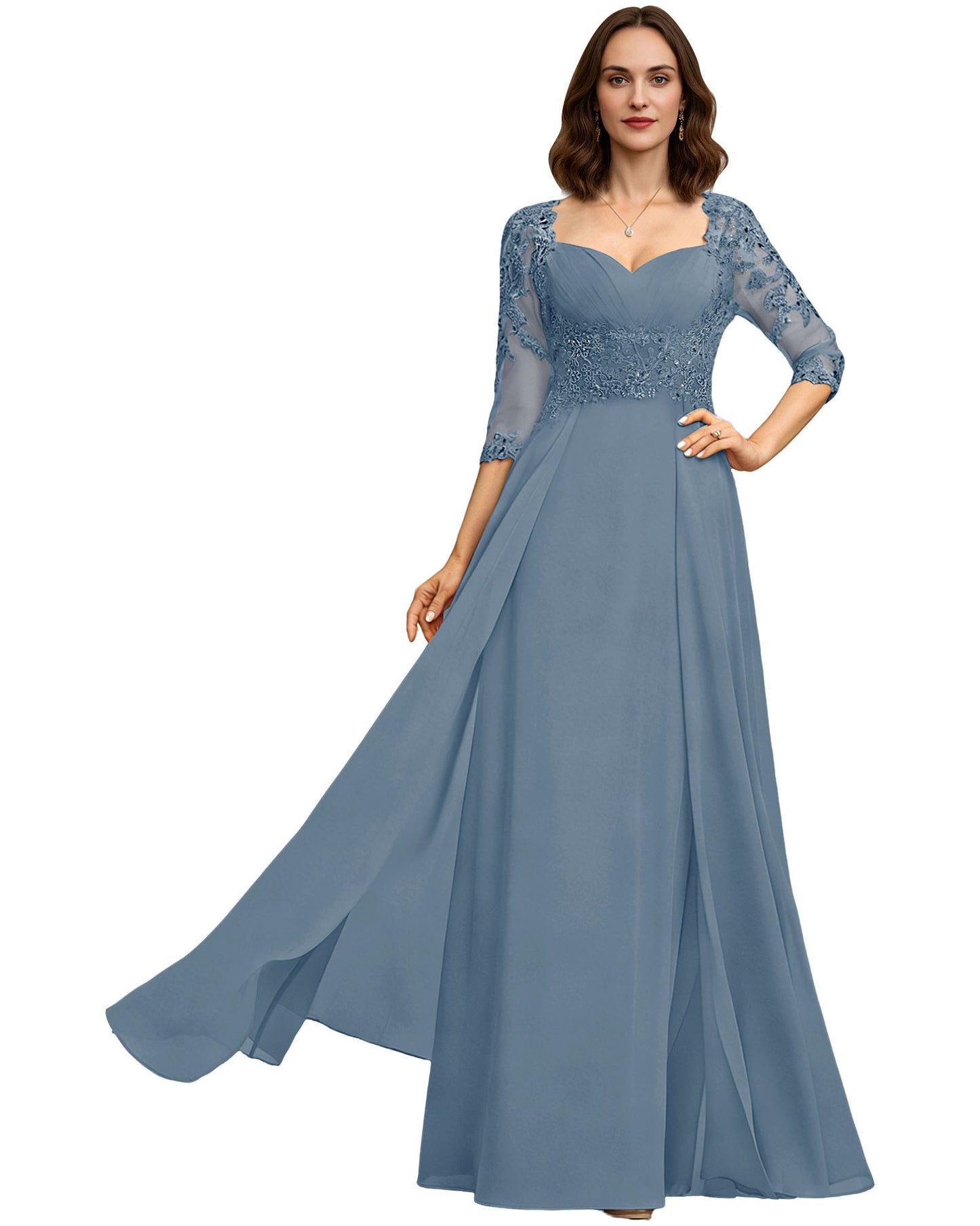 Long Sweetheart Mother of the Bride Dress Lace 3/4 Sleeve Chiffon A-Line Gown