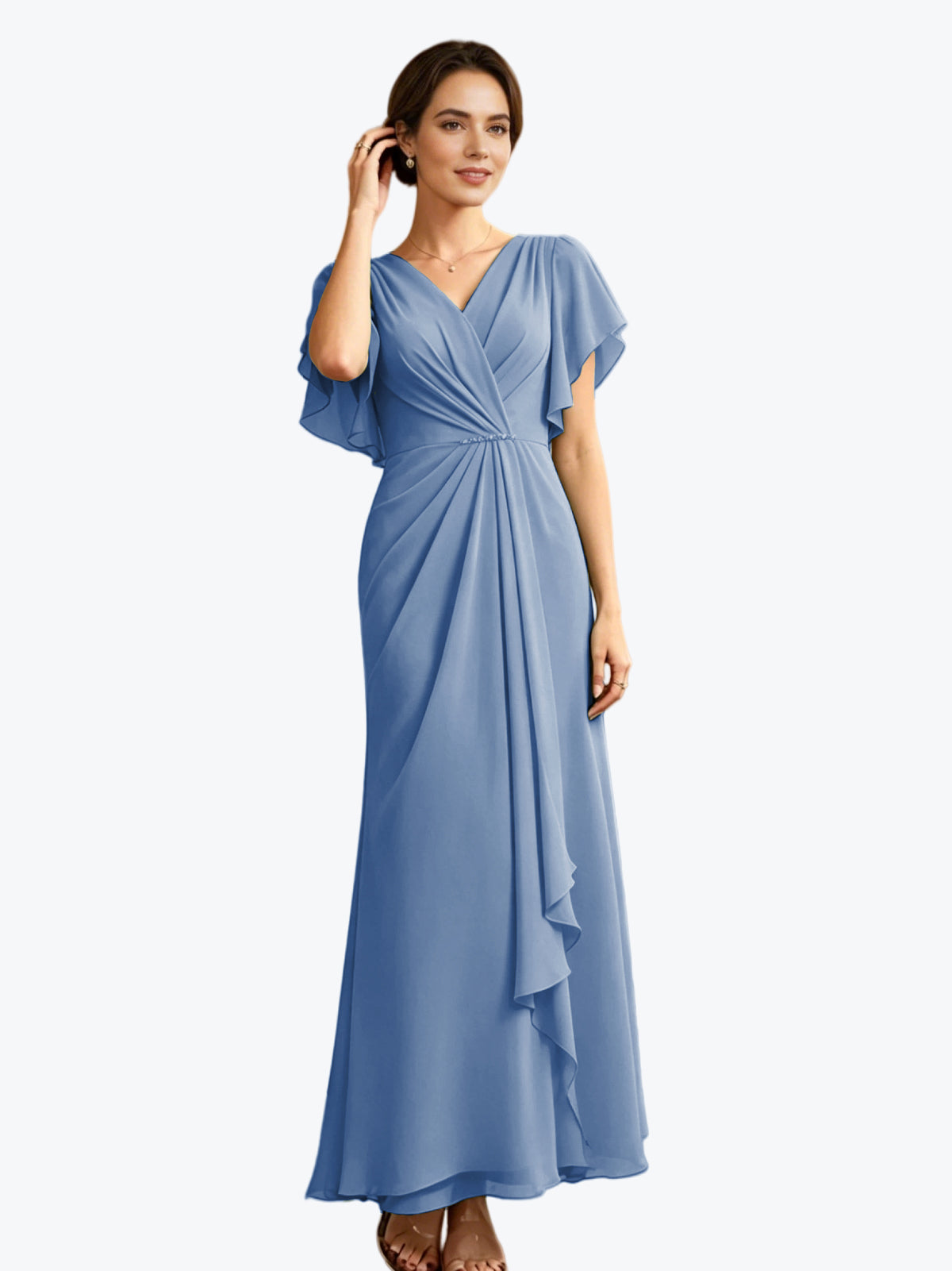 Long Chiffon Mother of the Bride Dress V-Neck Flutter Sleeve A-Line Gown with Beaded Waist