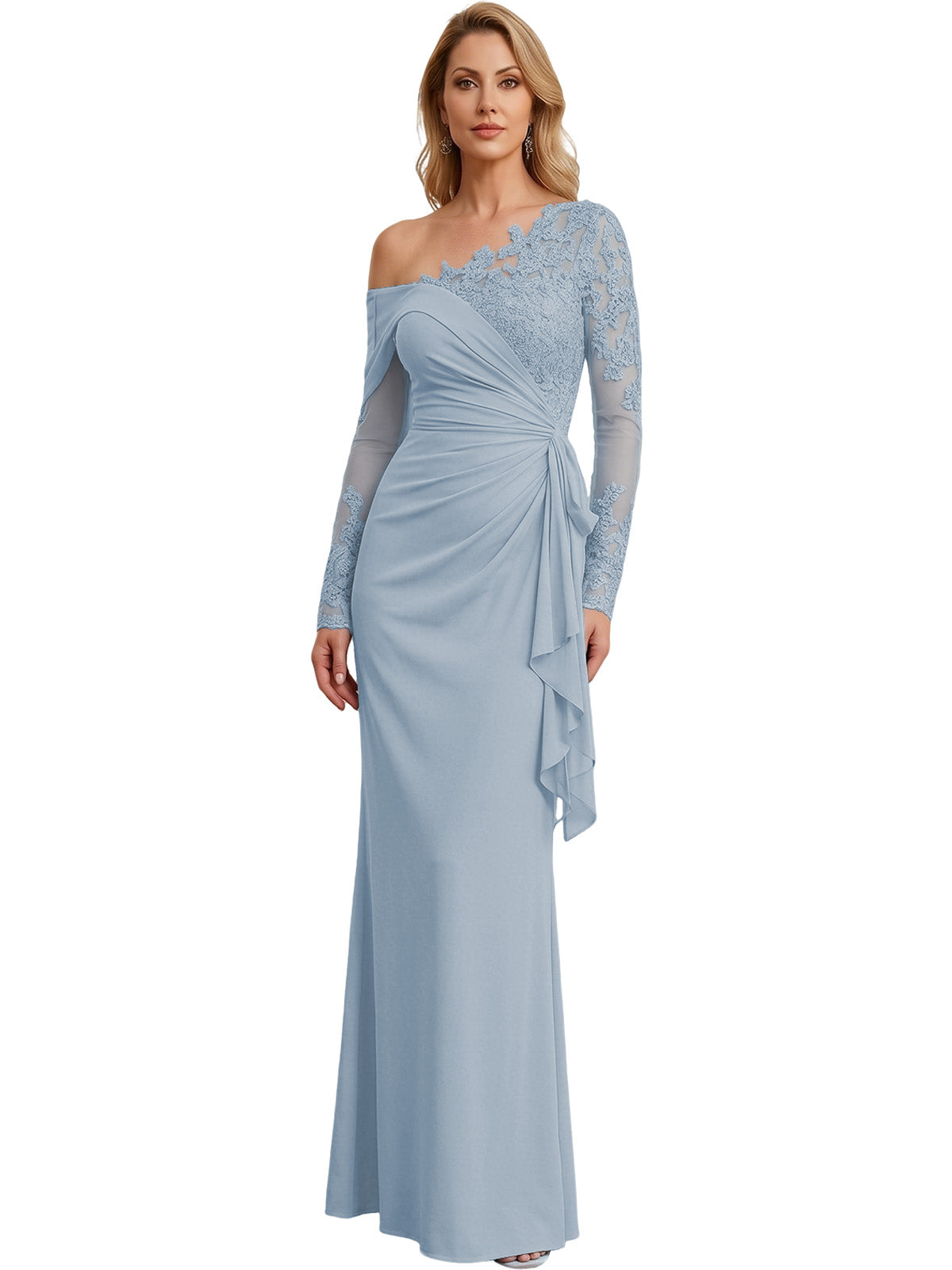 One Shoulder Mother of the Bride Gown Long Lace Sleeve Mermaid Dress with Draped Ruffle