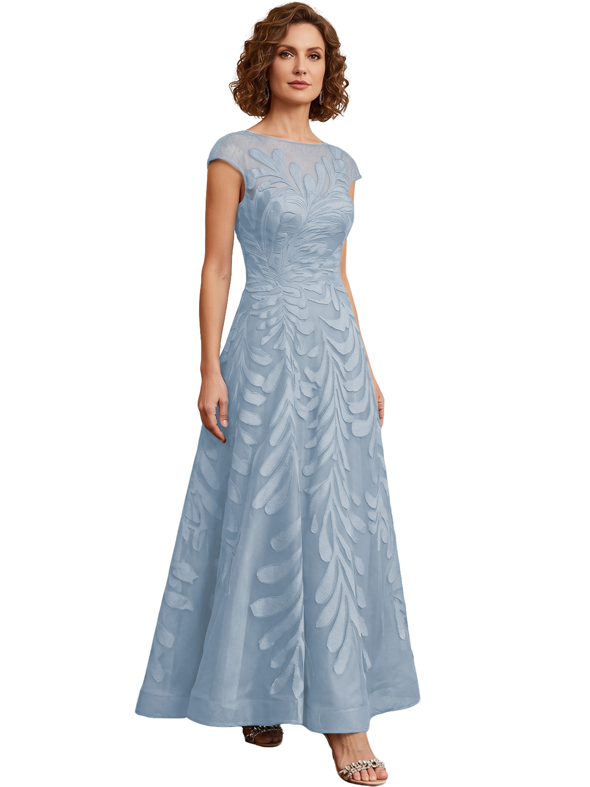 Embroidered Tulle Mother of the Bride Dress Long A-Line Gown with Illusion Cap Sleeves