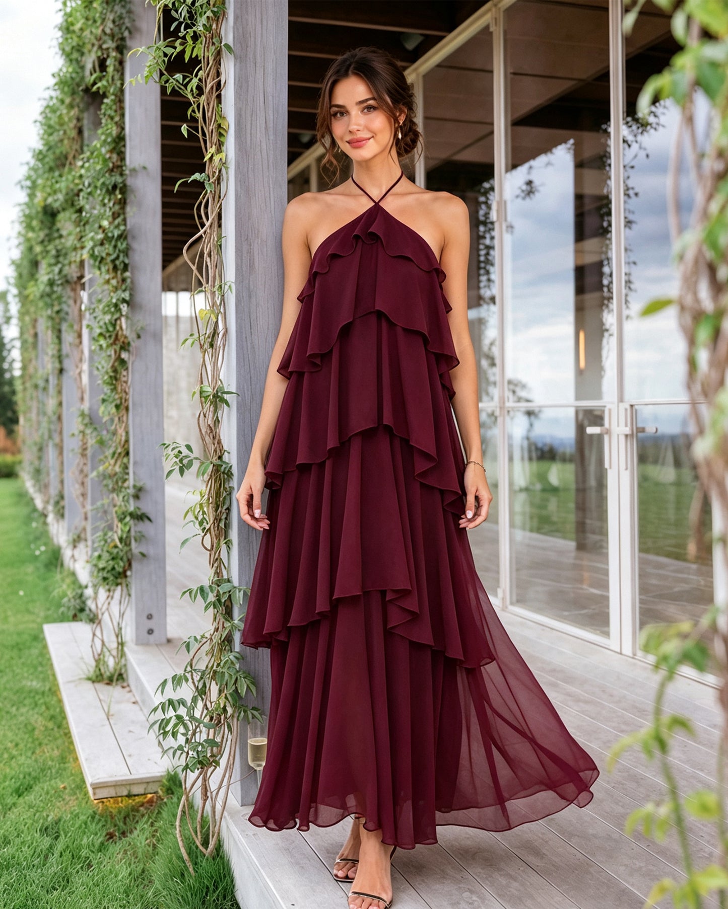 Halter Neck Tiered Chiffon Bridesmaid Dress with Ruffle Overlay