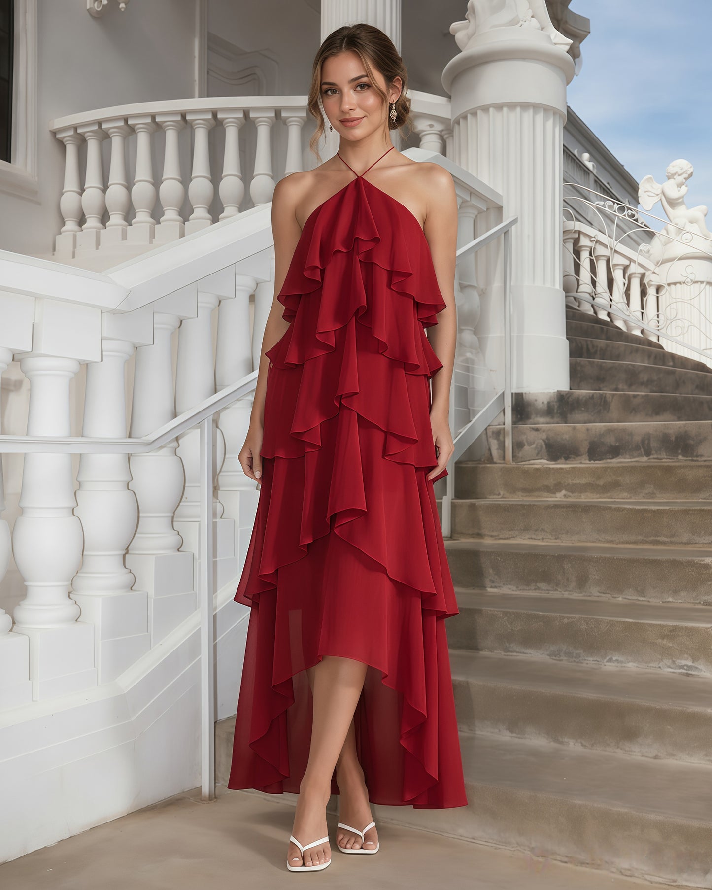 One-Shoulder Tiered Ruffle High-Low Chiffon Formal Dress
