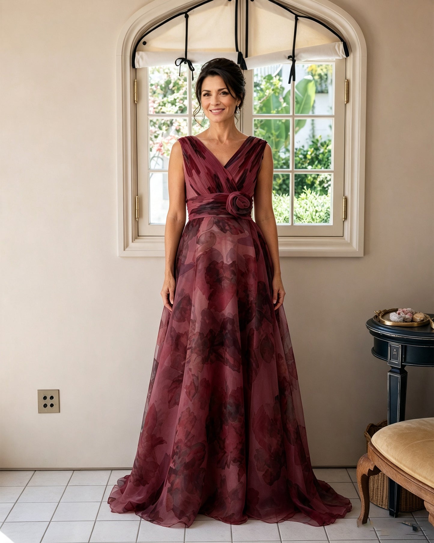 Floral Print V-Neck Chiffon Mother of the Bride Dress with Rosette Sash