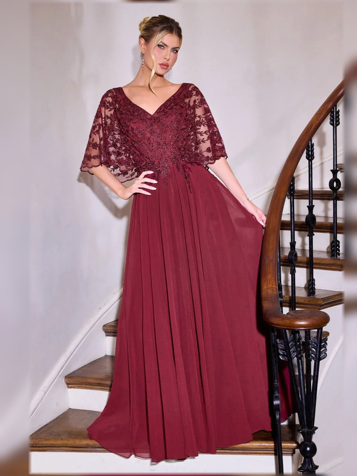 V Neck A-Line Floor-Length Chiffon Mother of the Bride Dress for Anniversary Celebration