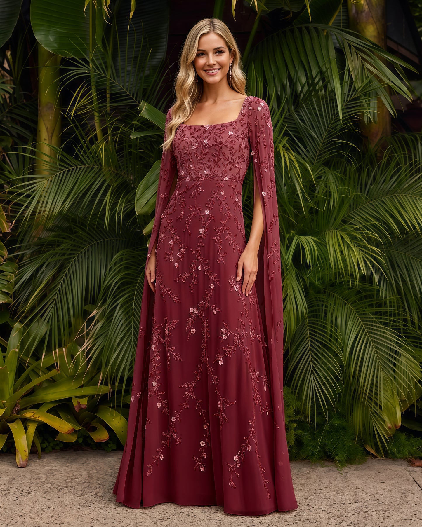 Square-Neck Long-Sleeve Lace A-Line Formal Dress
