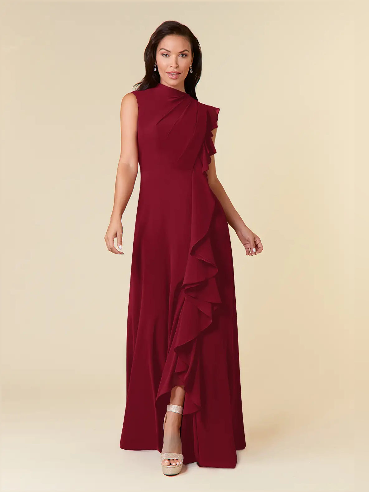 Draped Ruffled High Neck A-Line Maxi Chiffon Bridesmaid Dress for Church Wedding