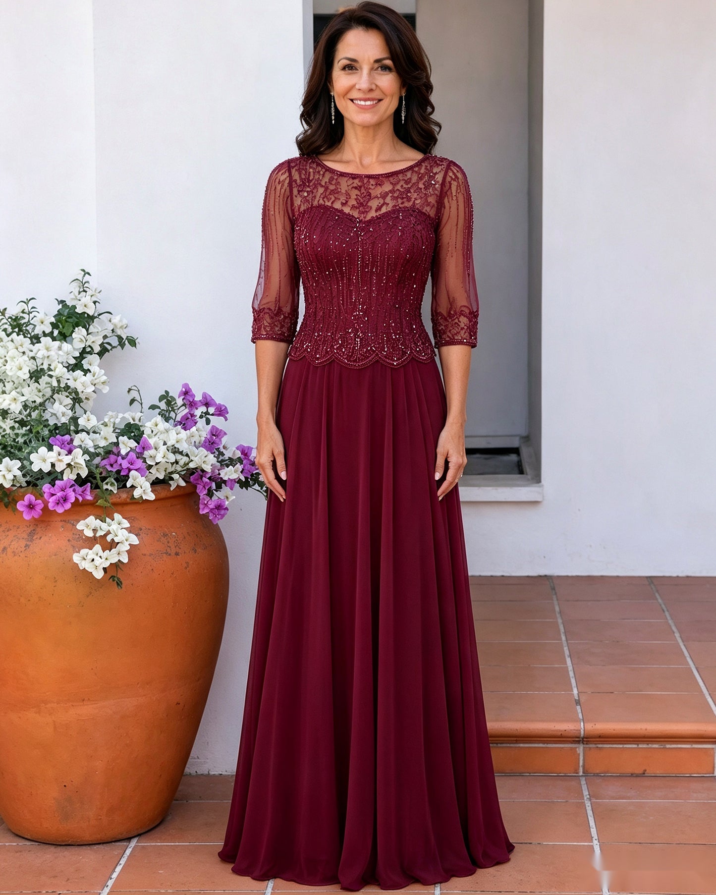 Illusion Lace Three-Quarter Sleeve A-Line Mother of the Bride Dress