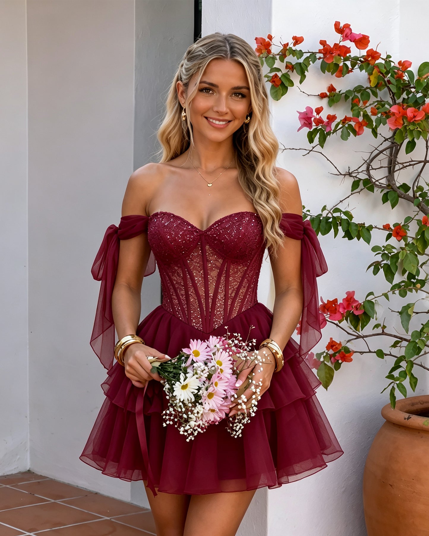 Off-Shoulder Lace Corset Tiered Tulle Homecoming Dress
