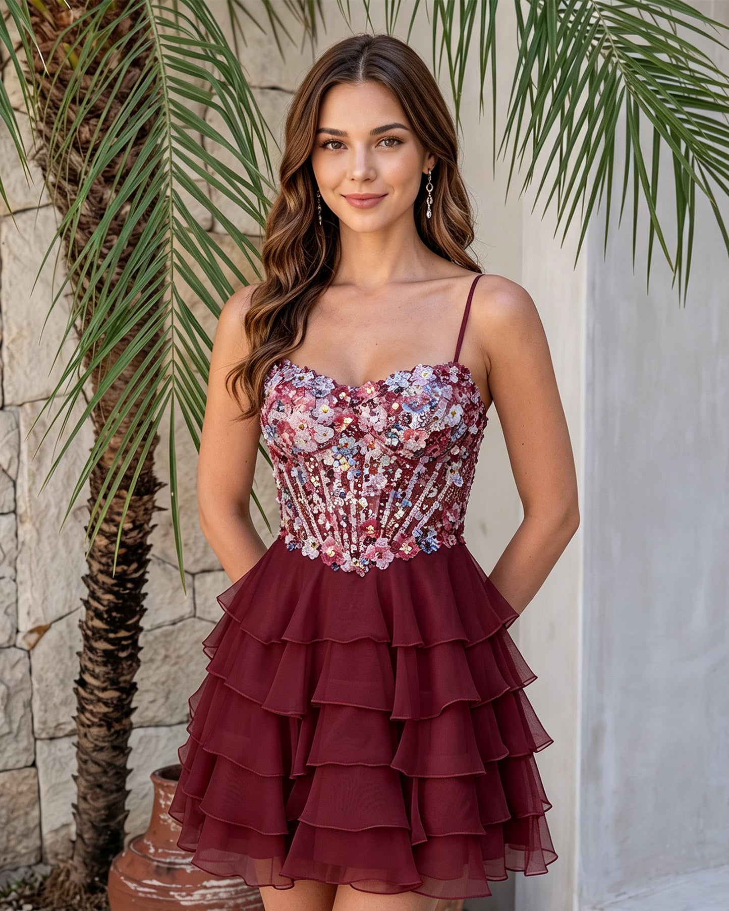 Spaghetti Strap Floral Embroidered Corset Ruffle Mini Homecoming Dress