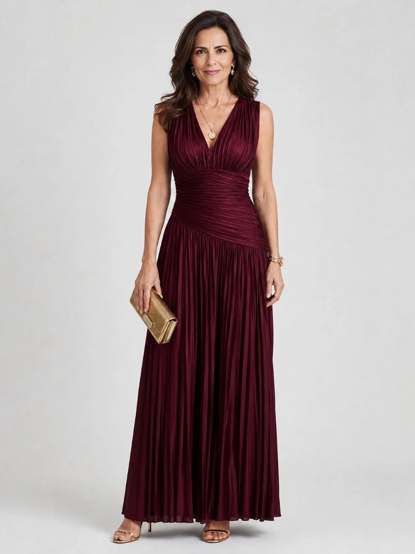 Ruched Pleated Draped V Neck A-Line Maxi Mother of the Bride Dress for Hotel Wedding