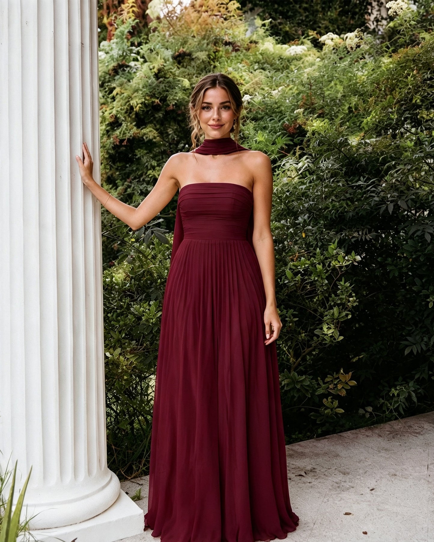 Strapless Chiffon A-Line Bridesmaid Dress with Neck Scarf and Lace-Up Back