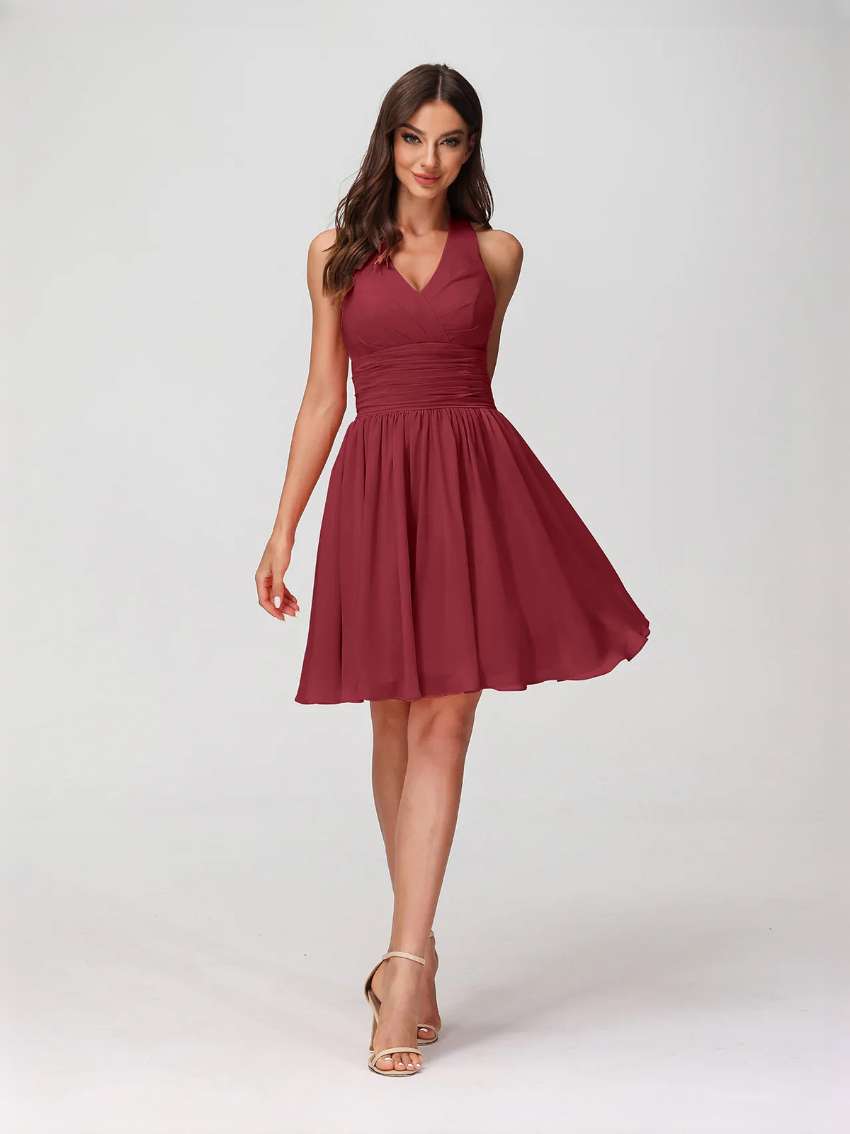 Ruched Halter Neck A-Line Mini Chiffon Bridesmaid Dress for Formal Wedding