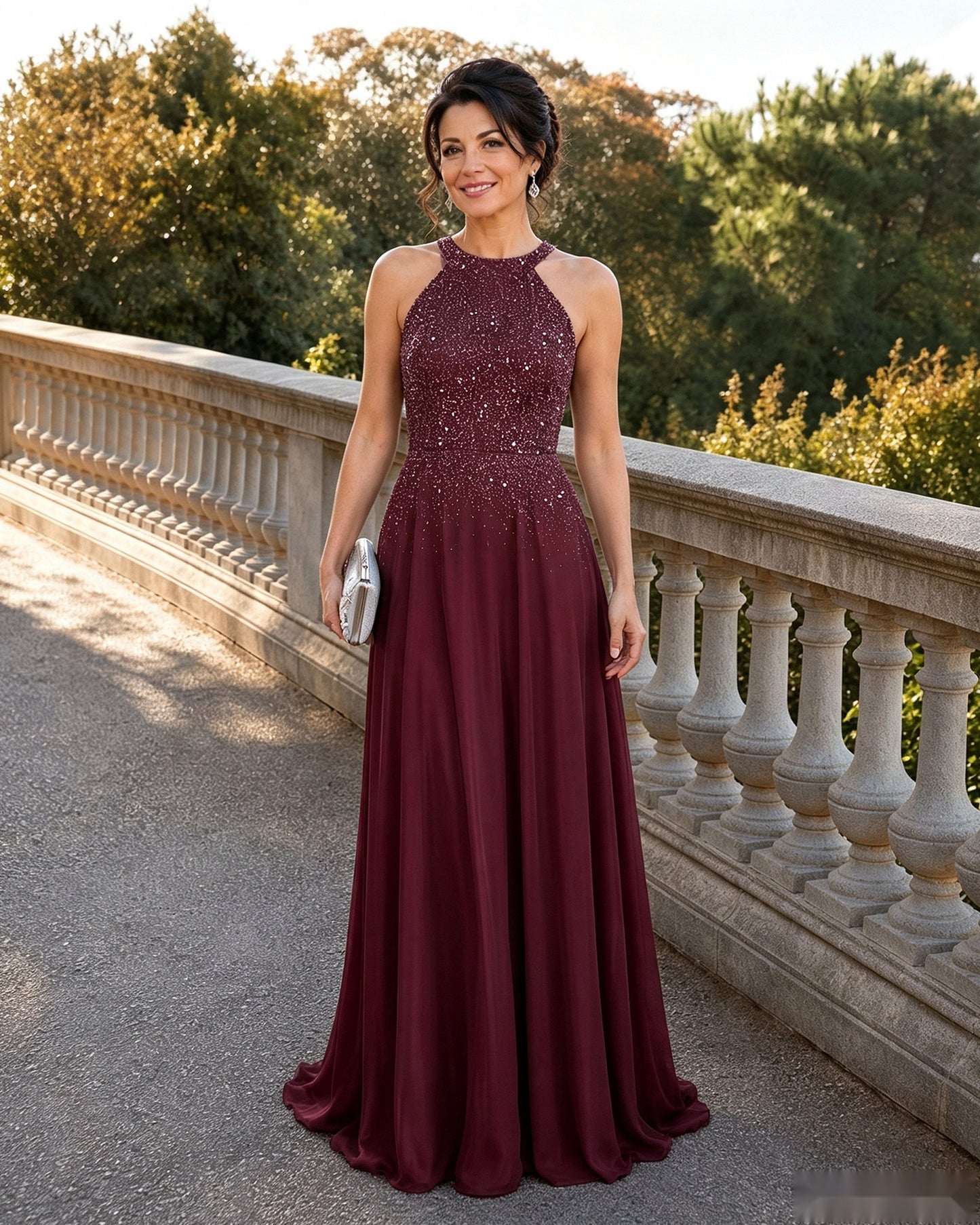 Halter Neck Sequin Chiffon A-Line Mother of the Bride Dress