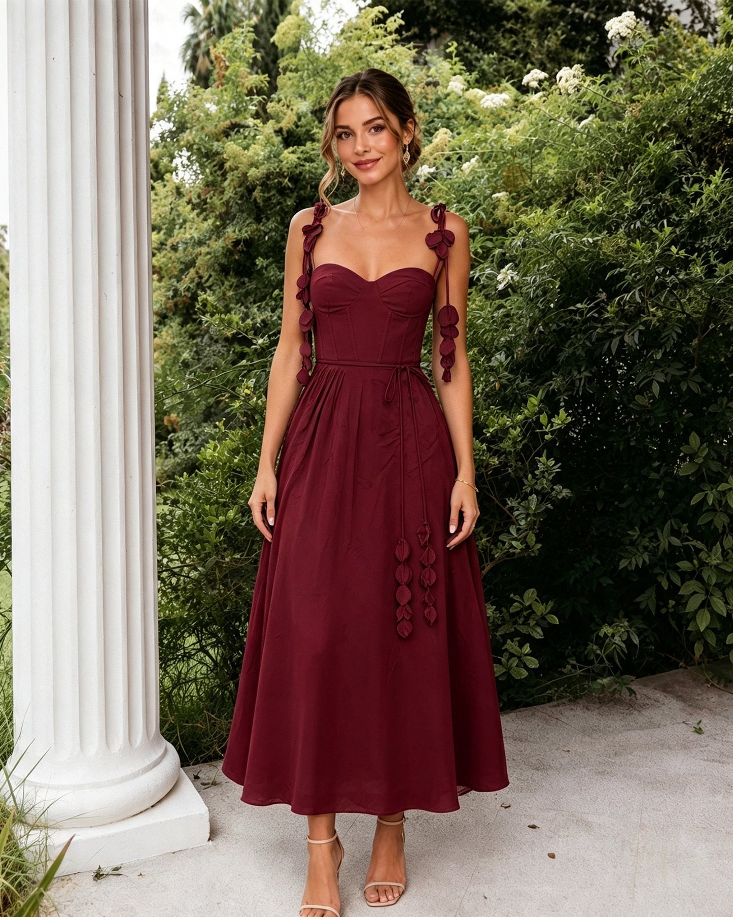 Sweetheart Floral Strap A-Line Midi Bridesmaid Dress with Corset Bodice