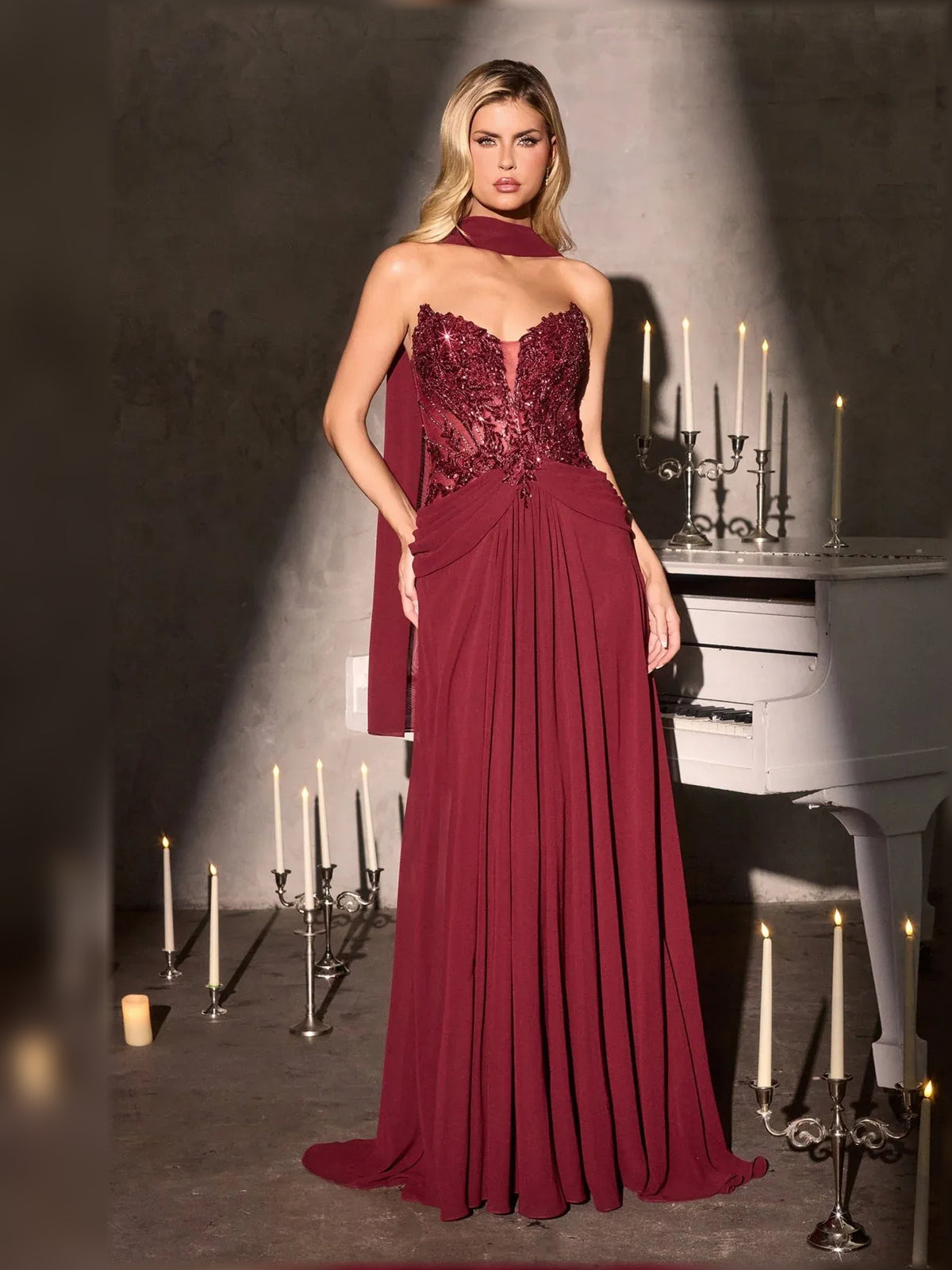 Draped Beaded Strapless A-Line Floor-Length Chiffon Mother of the Bride Dress for Seaside Wedding