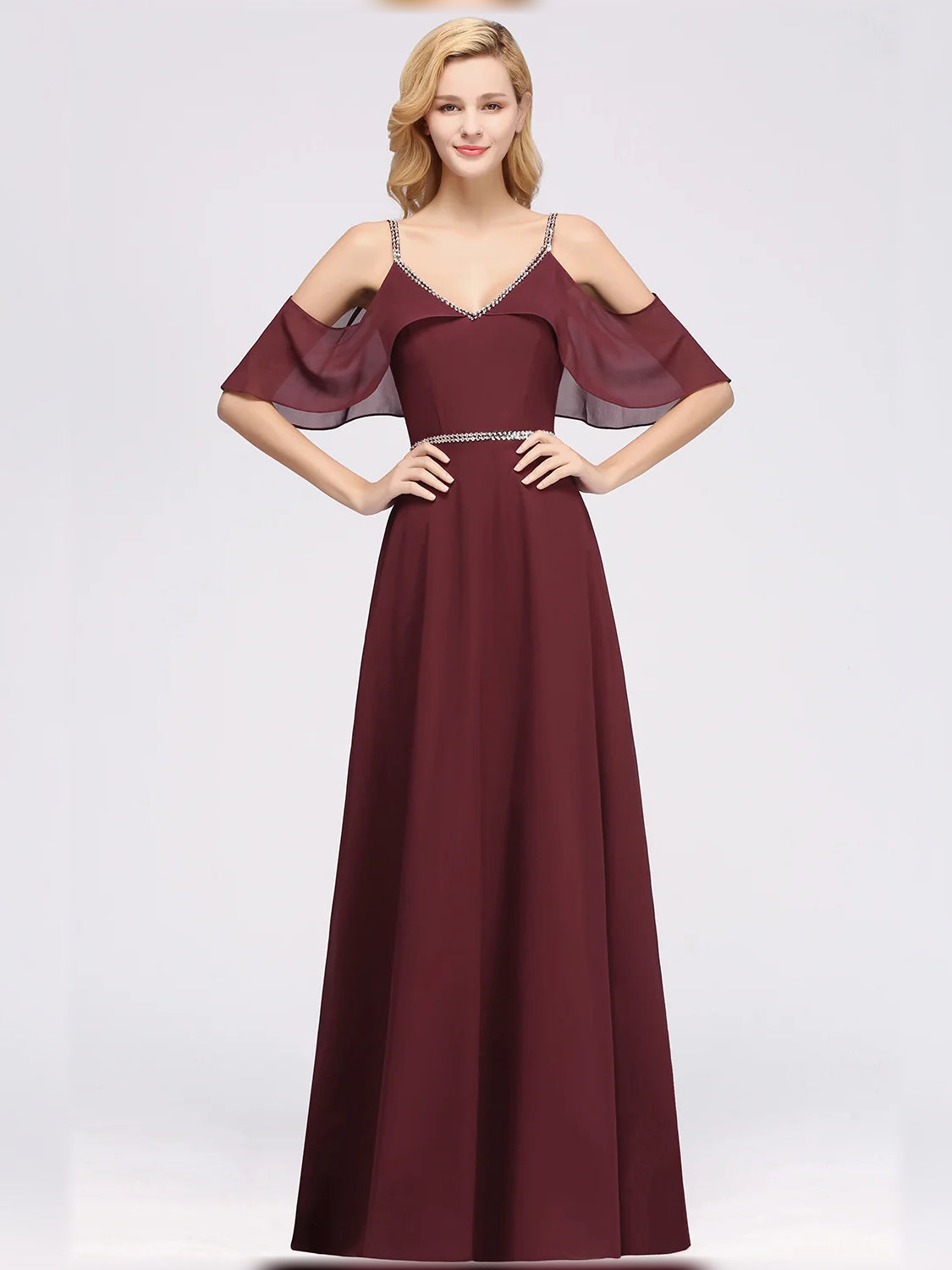 Beaded V Neck A-Line Floor-Length Chiffon Bridesmaid Dress for Garden Wedding