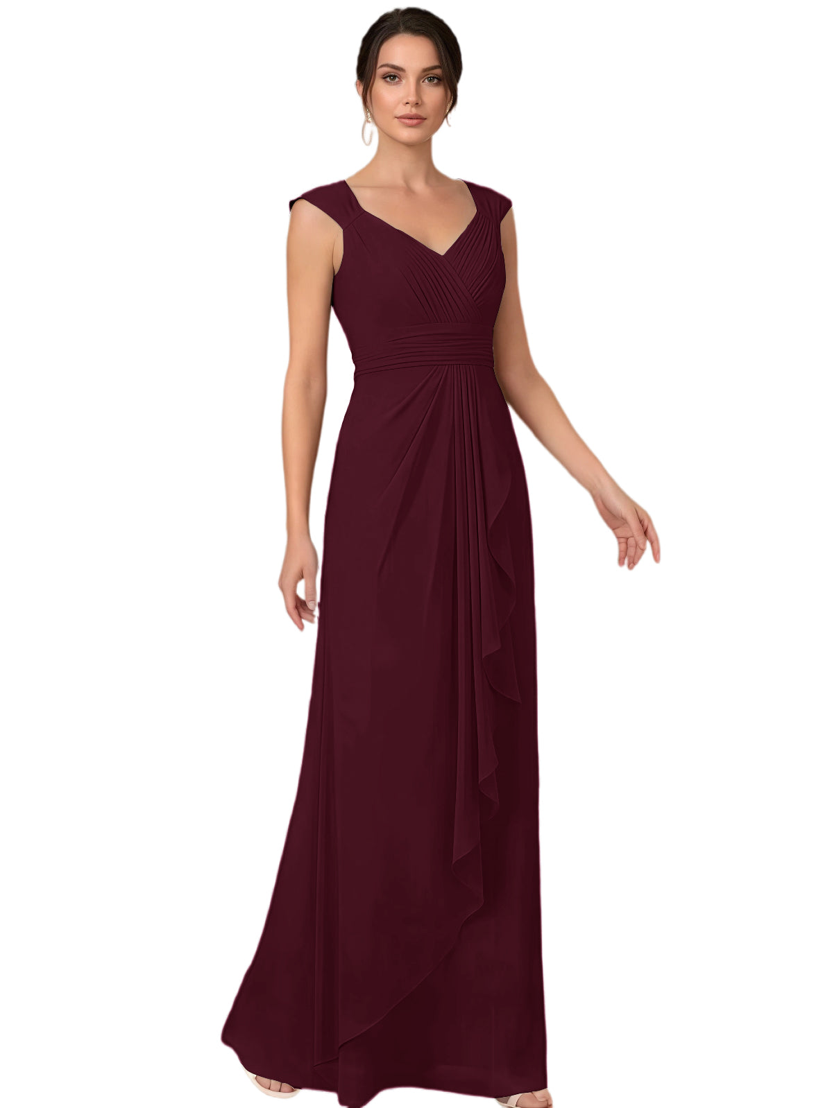 Mother of the Bride Dress Long Sleeveless V-Neck Chiffon Formal Gown with Ruffle Detail