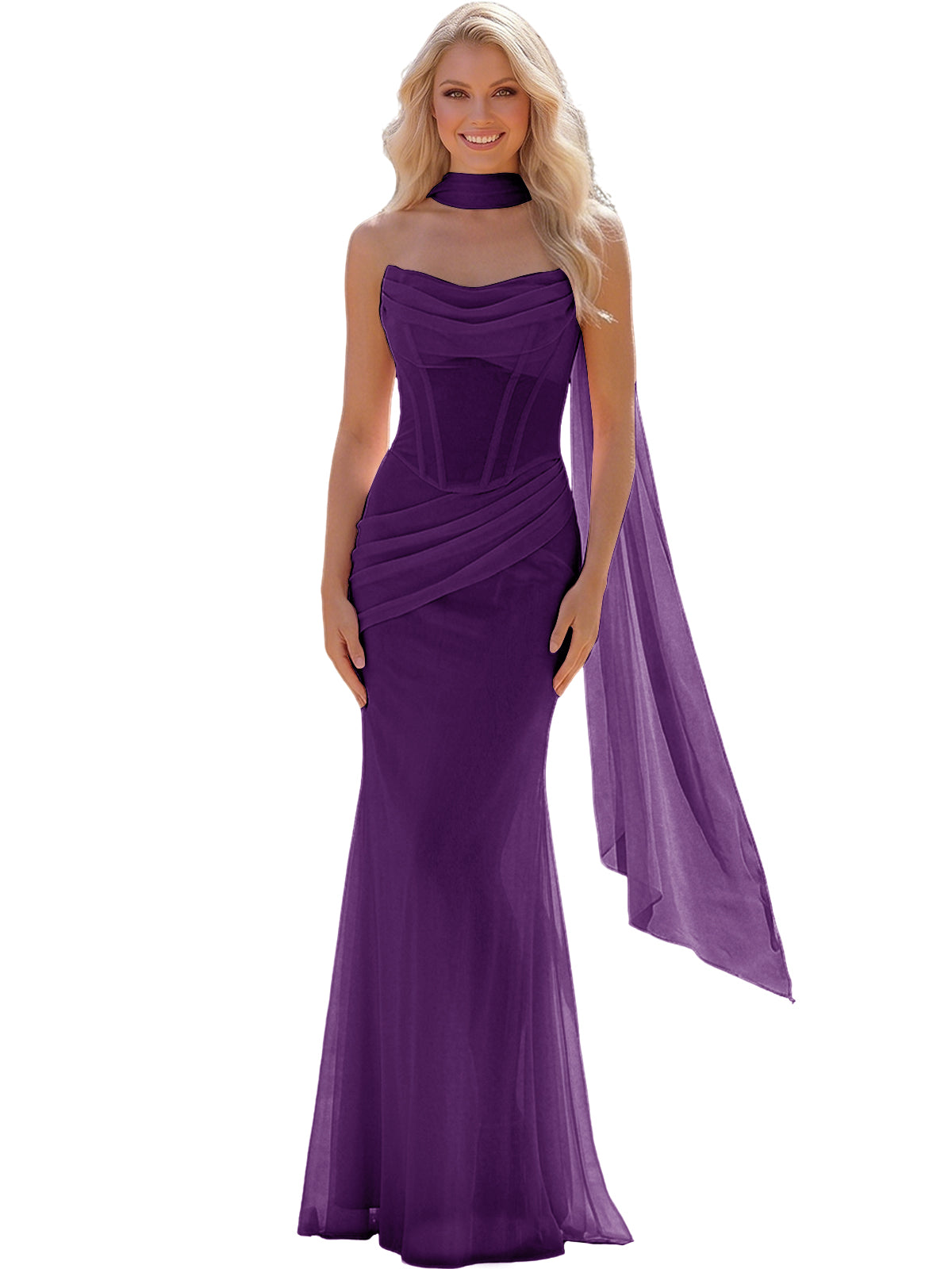 Strapless Chiffon Bridesmaid Gown with Sheer Boned Bodice, Ruched Waist and Scarf