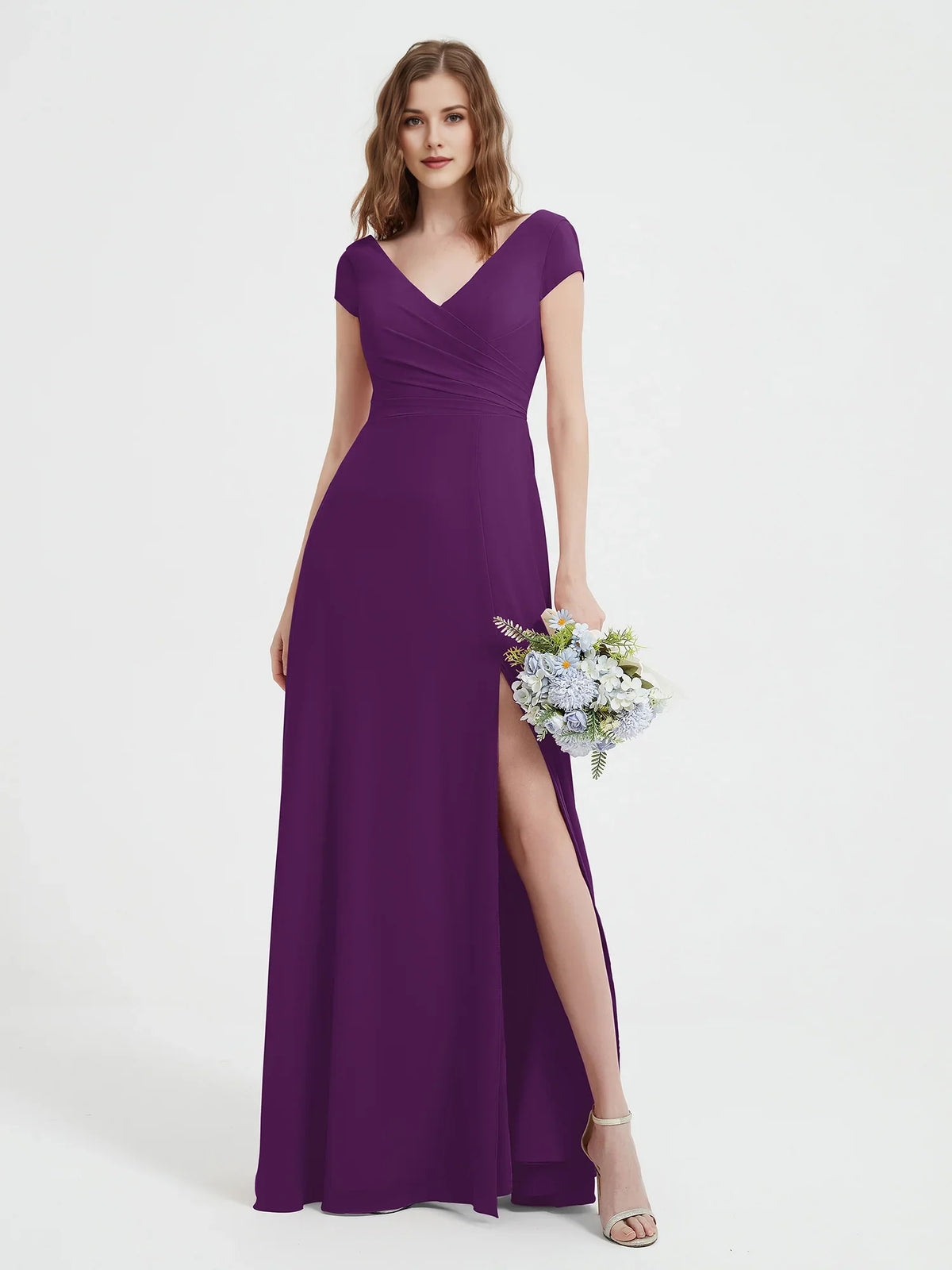 Ruched Side-Slit Slit V Neck A-Line Maxi Chiffon Bridesmaid Dress for Wedding Ceremony