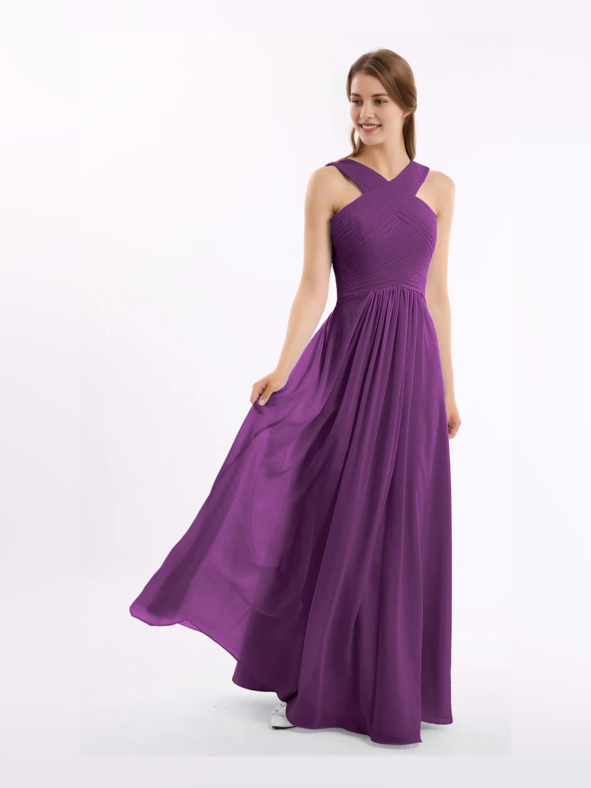 Pleated Halter Neck A-Line Maxi Chiffon Bridesmaid Dress for Estate Wedding