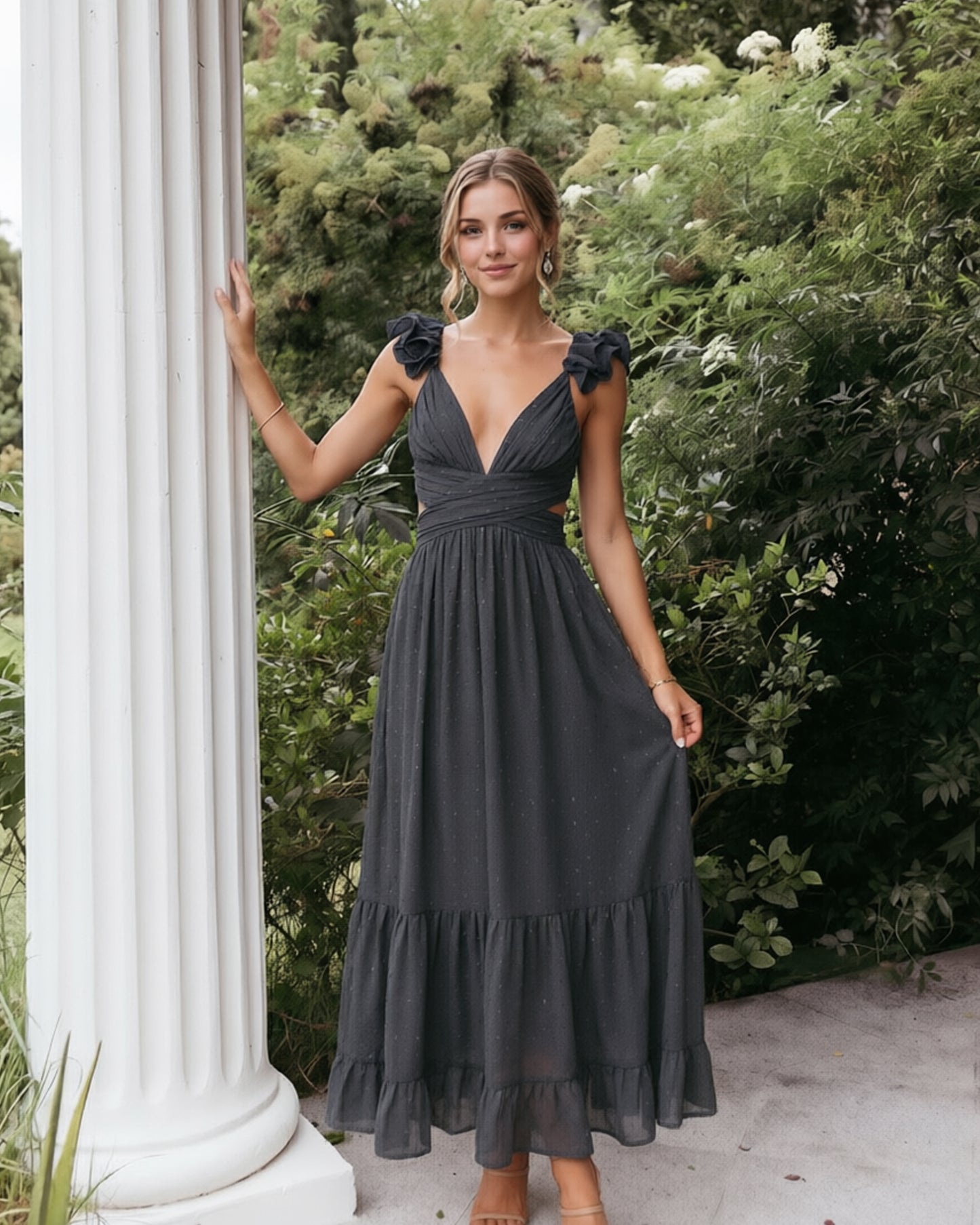 Deep V-Neck Swiss Dot Chiffon Bridesmaid Dress with Ruffle Straps