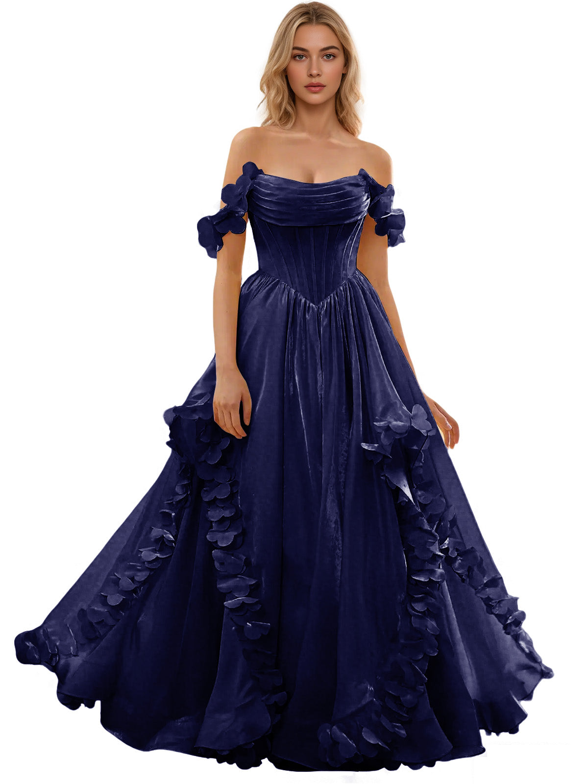 Off Shoulder Ruffle Tulle Ball Gown Prom Dress with Floral Applique