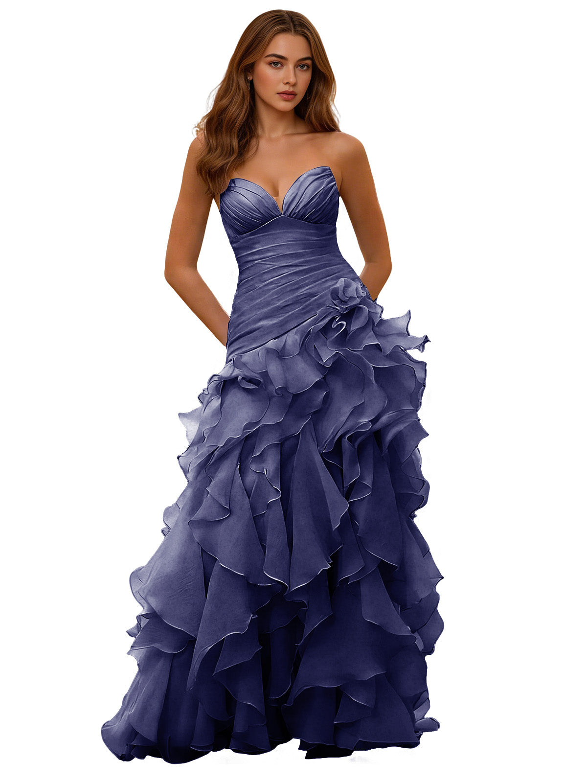 Strapless Organza Ruffle Ball Gown Prom Dress with Draped Corset Bodice
