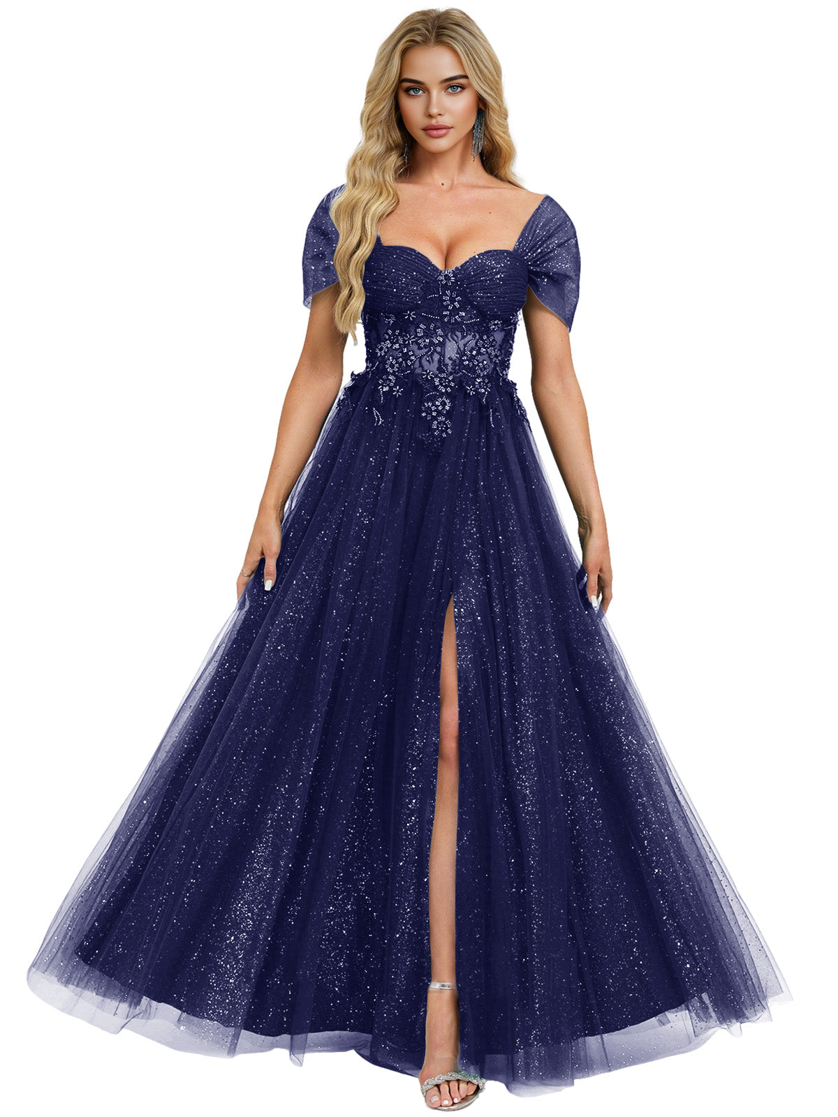 Short Sleeve Glitter Tulle Prom Dress with Illusion Bodice and Slit