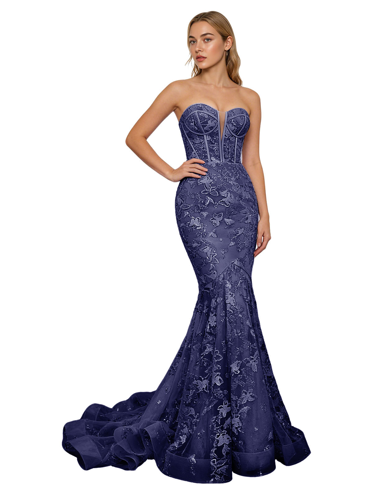 Strapless Lavender Lace Mermaid Prom Dress with Sheer Corset and Train