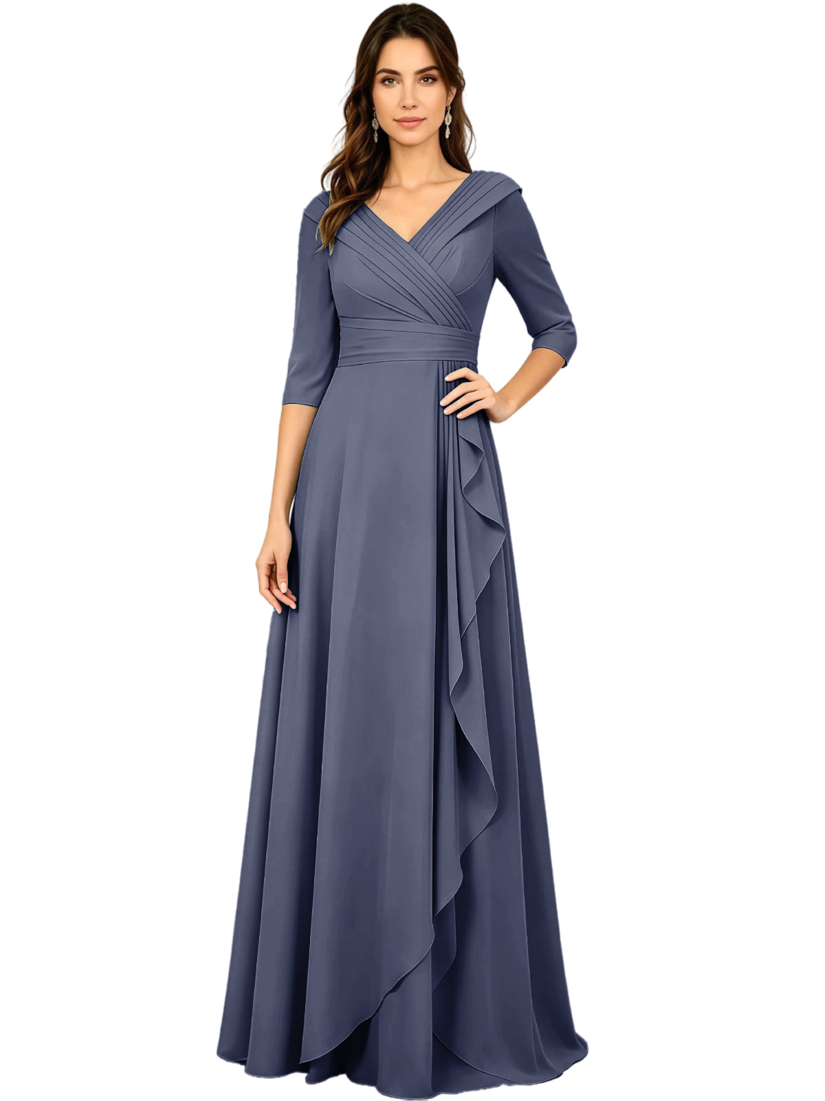 Long V-Neck Mother of the Bride Dress Chiffon Half Sleeve A-Line Gown with Side Ruffle