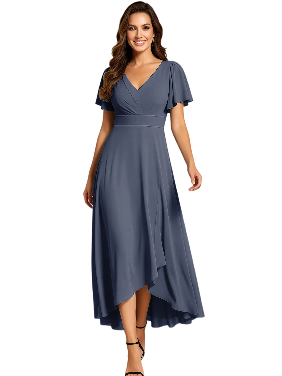 High Low Mother of the Bride Dress V-Neck Flutter Sleeve Chiffon Formal Gown