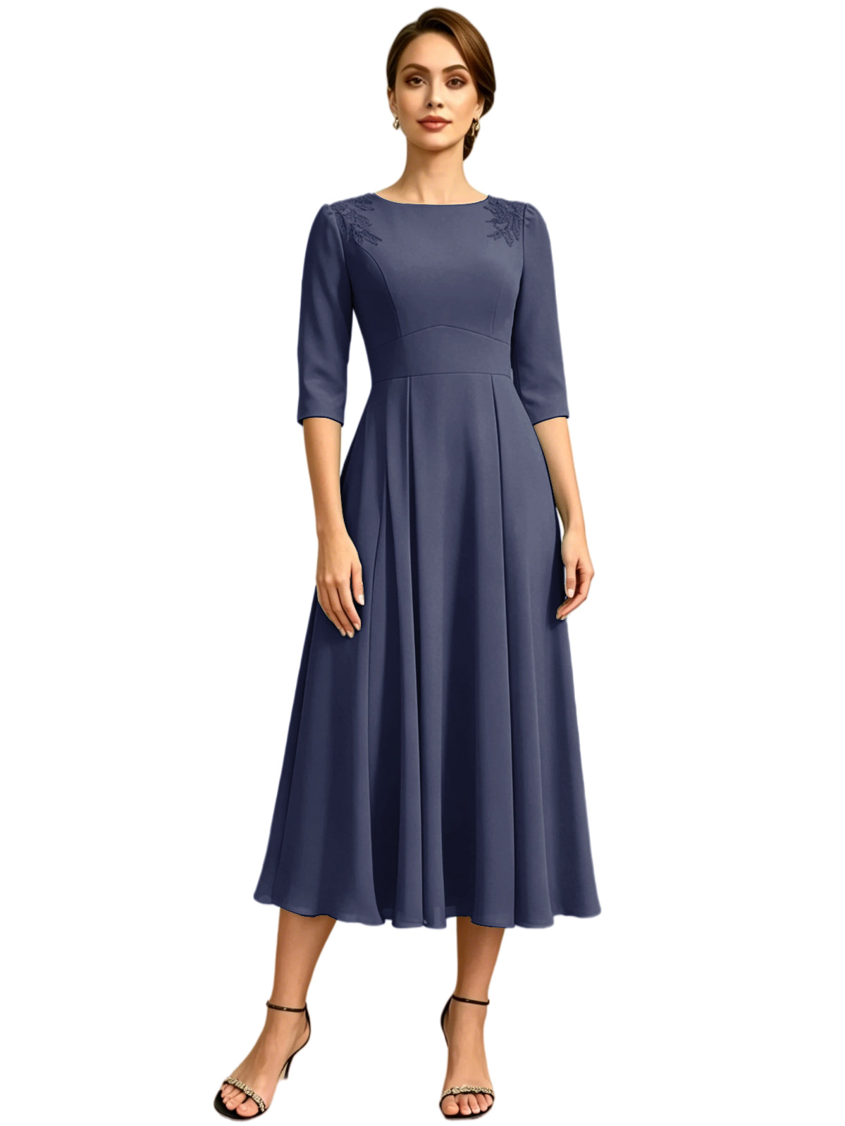 Tea Length Mother of the Bride Dress Jewel Neck Chiffon A-Line Formal Gown with Embroidery